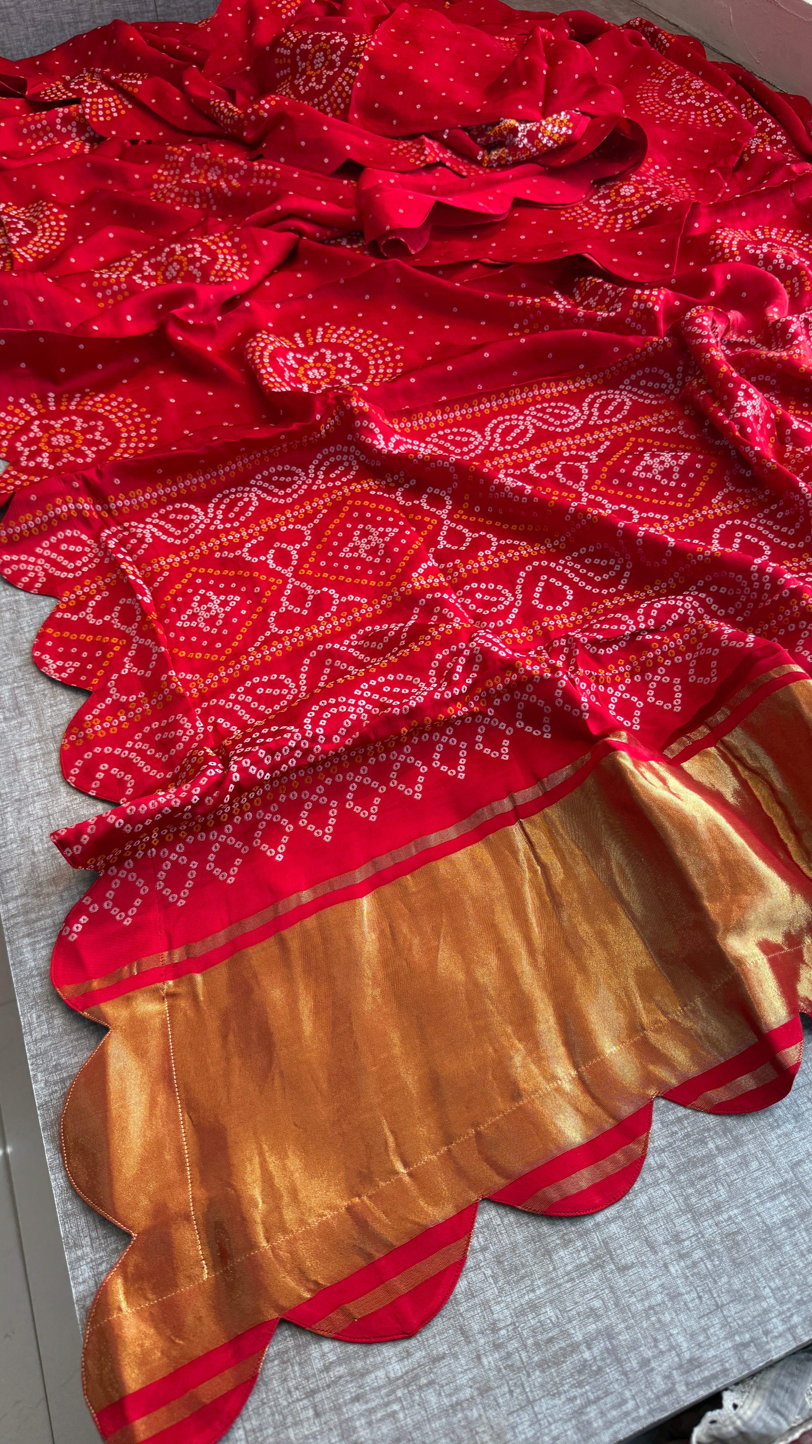 Pure Satin Silk Golden Bandhani weaving saree with lakdi patta