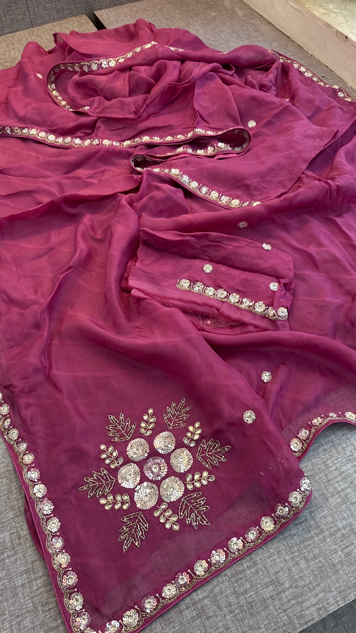 Wine Organza Leheriya Saree | Zardozi & Sequin Handwork | Designer Festive Saree