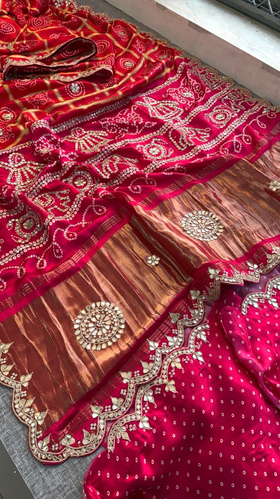 Soft Gajji Silk Lakdi Patta Digital Print Saree with Gotapatti, Zardozi, Sequins & Pearl Work Blouse