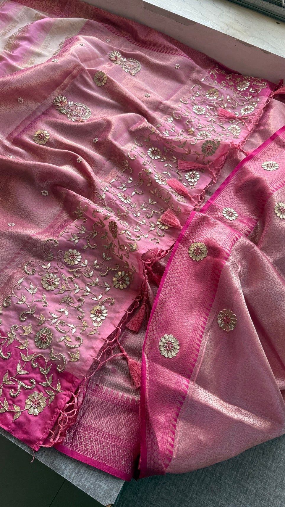 Pure Soft Tissue Silk Saree with Heavy Pallid Brocade & Banarasi Zari Border