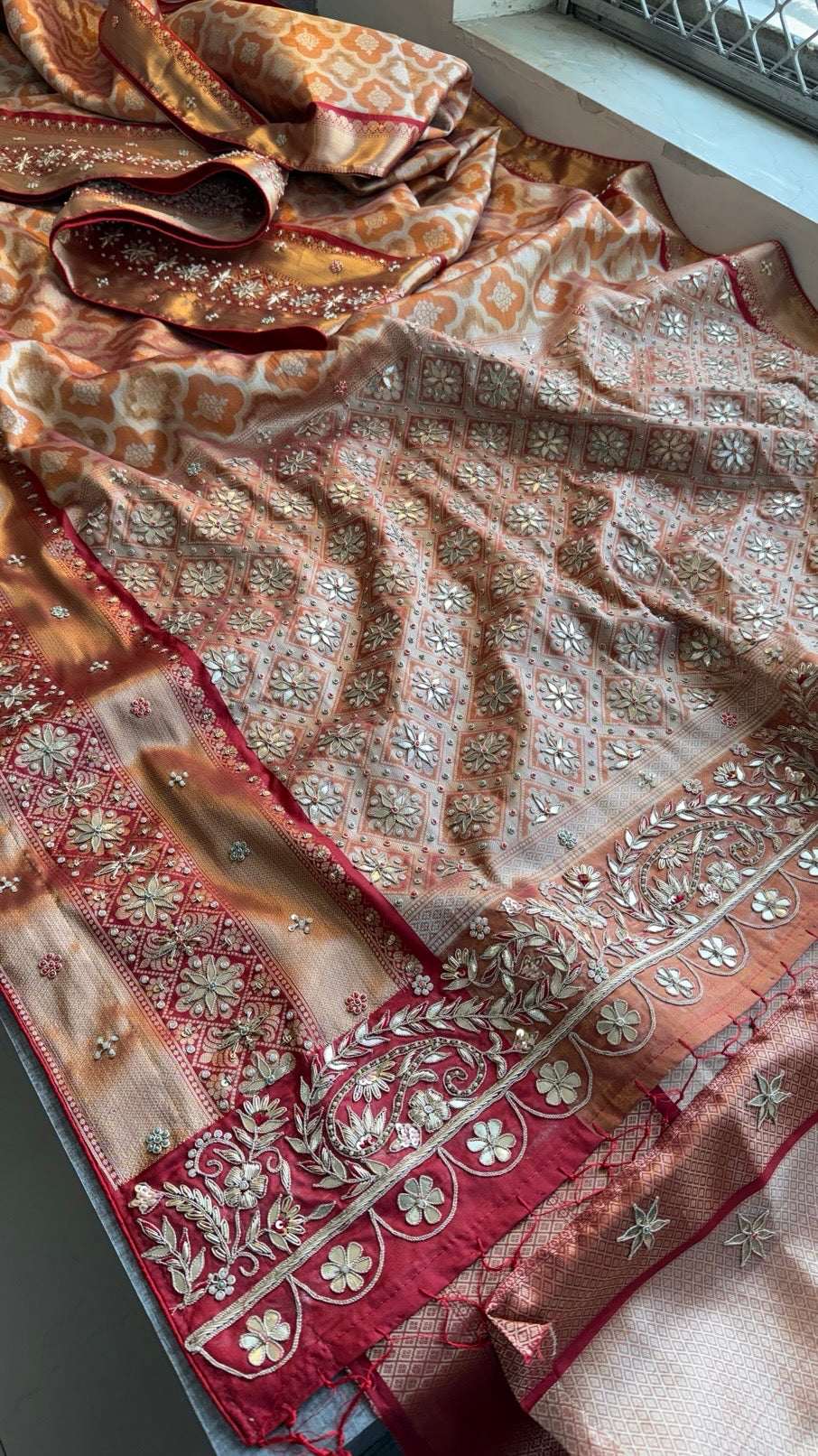 Pure Soft Kanjivaram Silk Banarasi Saree with Zardozi, Gotapatti & Pearl Sequins Work | Designer Blouse Included