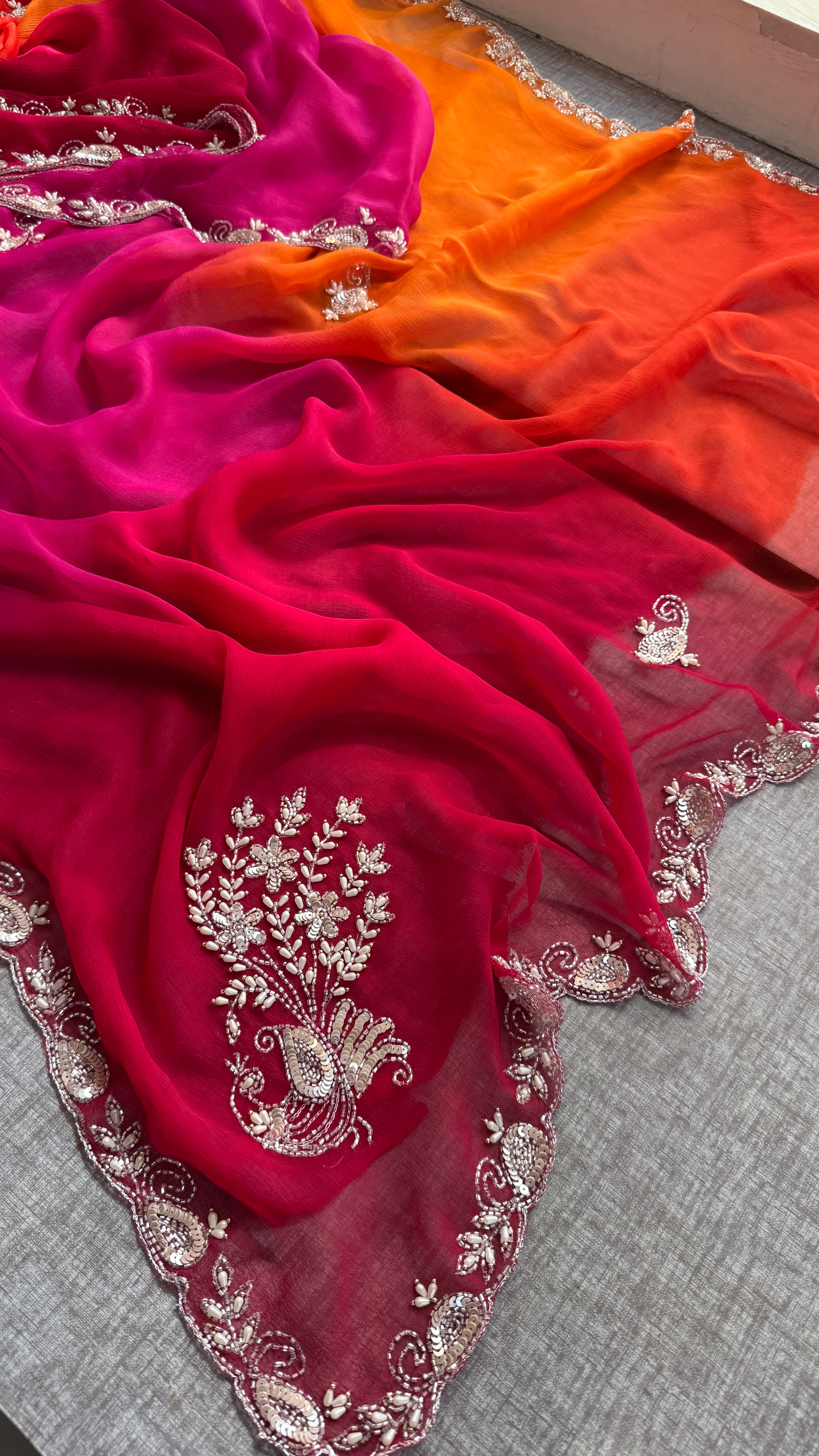 Multi Shade Summer Chiffon Saree with Cutdana, Moti & Sequins Work