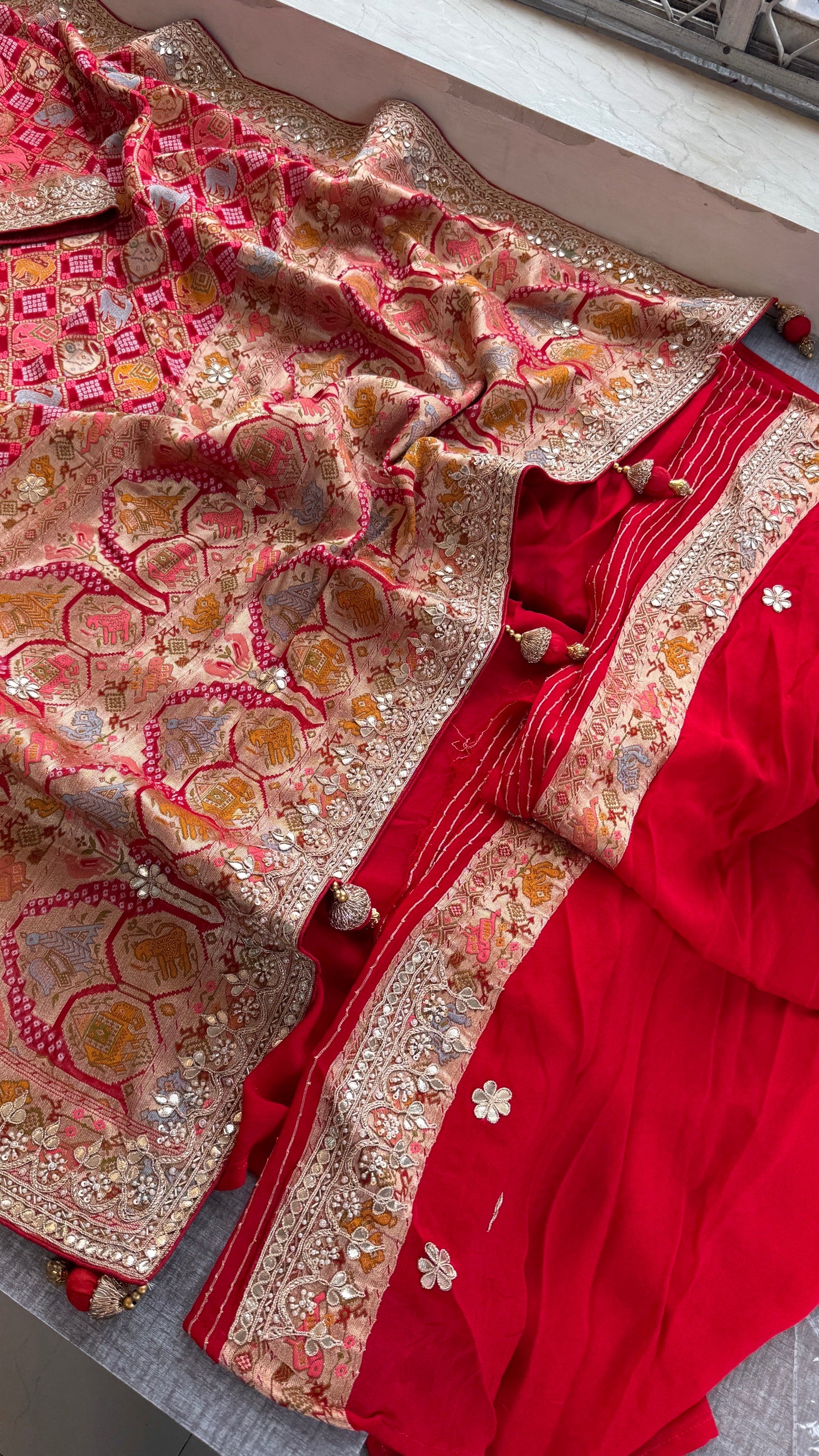 Khaddi georgette Banarasi weaving Saree with gotapatti work and tussles over pallu