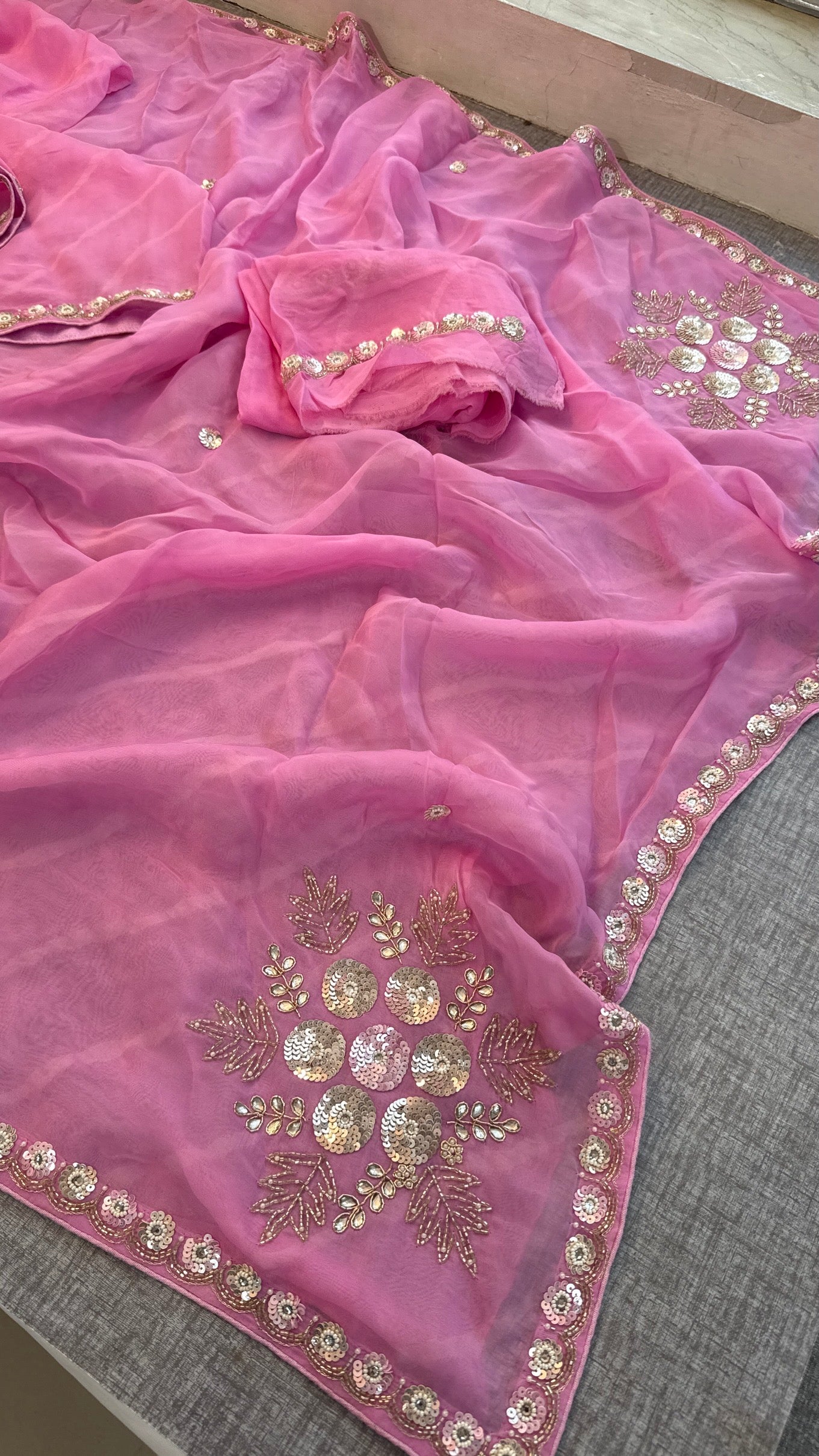Pink Organza Leheriya Saree | Zardozi & Sequin Handwork Saree | Designer Partywear Saree