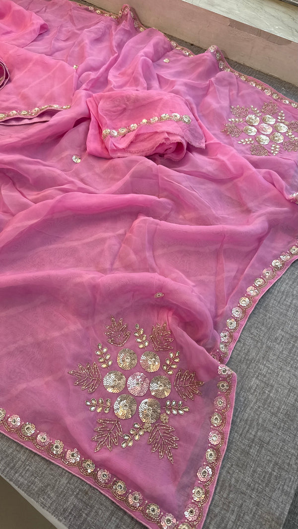 Pink Organza Leheriya Saree | Zardozi & Sequin Handwork Saree | Designer Partywear Saree