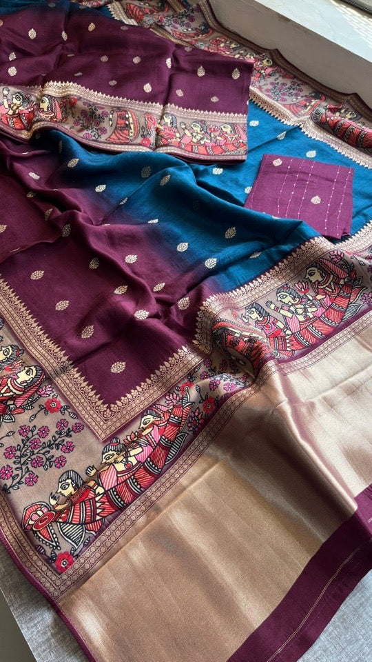 Soft Munga Silk Banarasi Kanni Weaving Saree with Madhubani Border