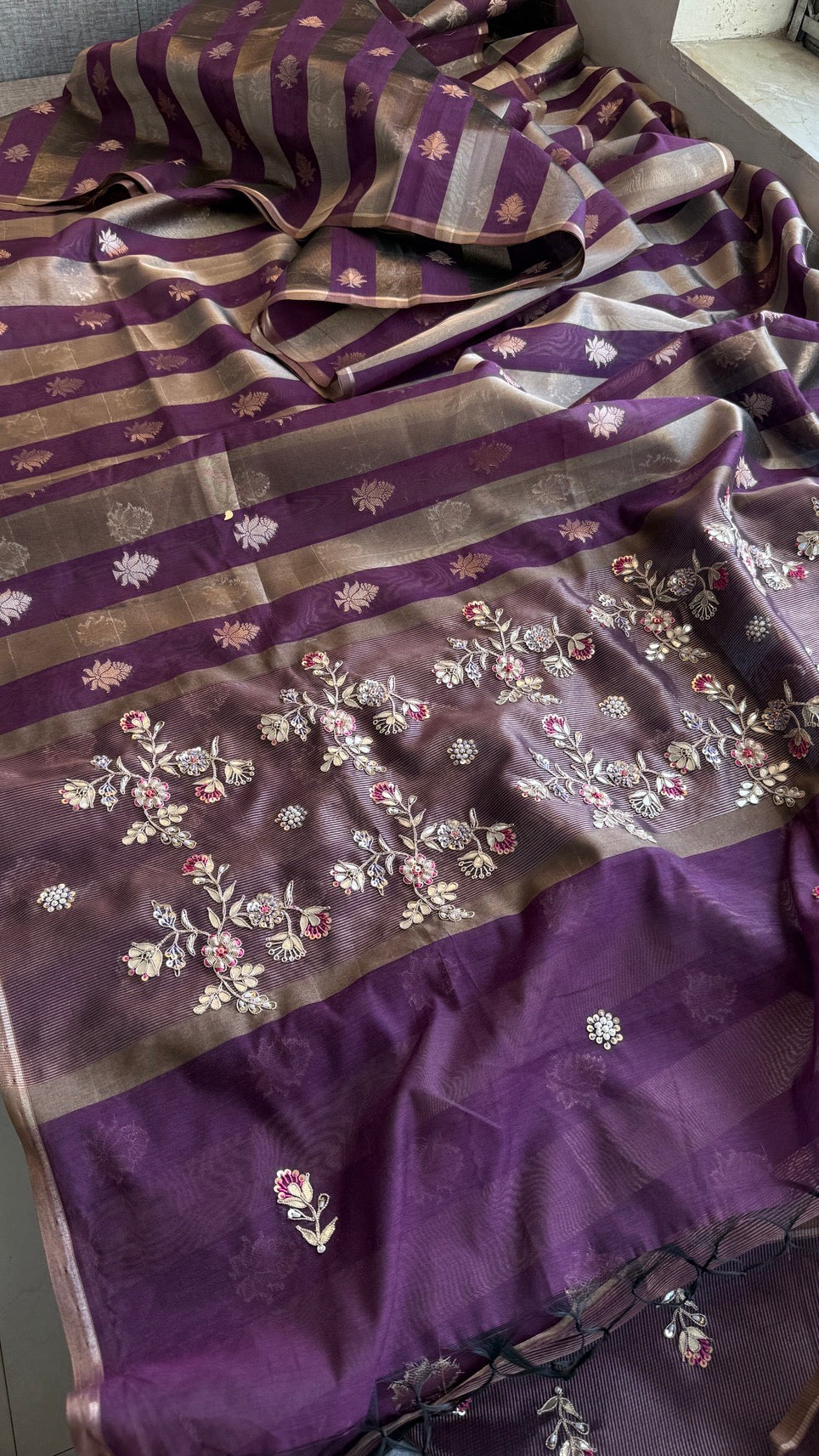 Pure Soft Silk Banarasi Weaving Saree with Zardozi Gotapatti & Pearl Sequins Pallu