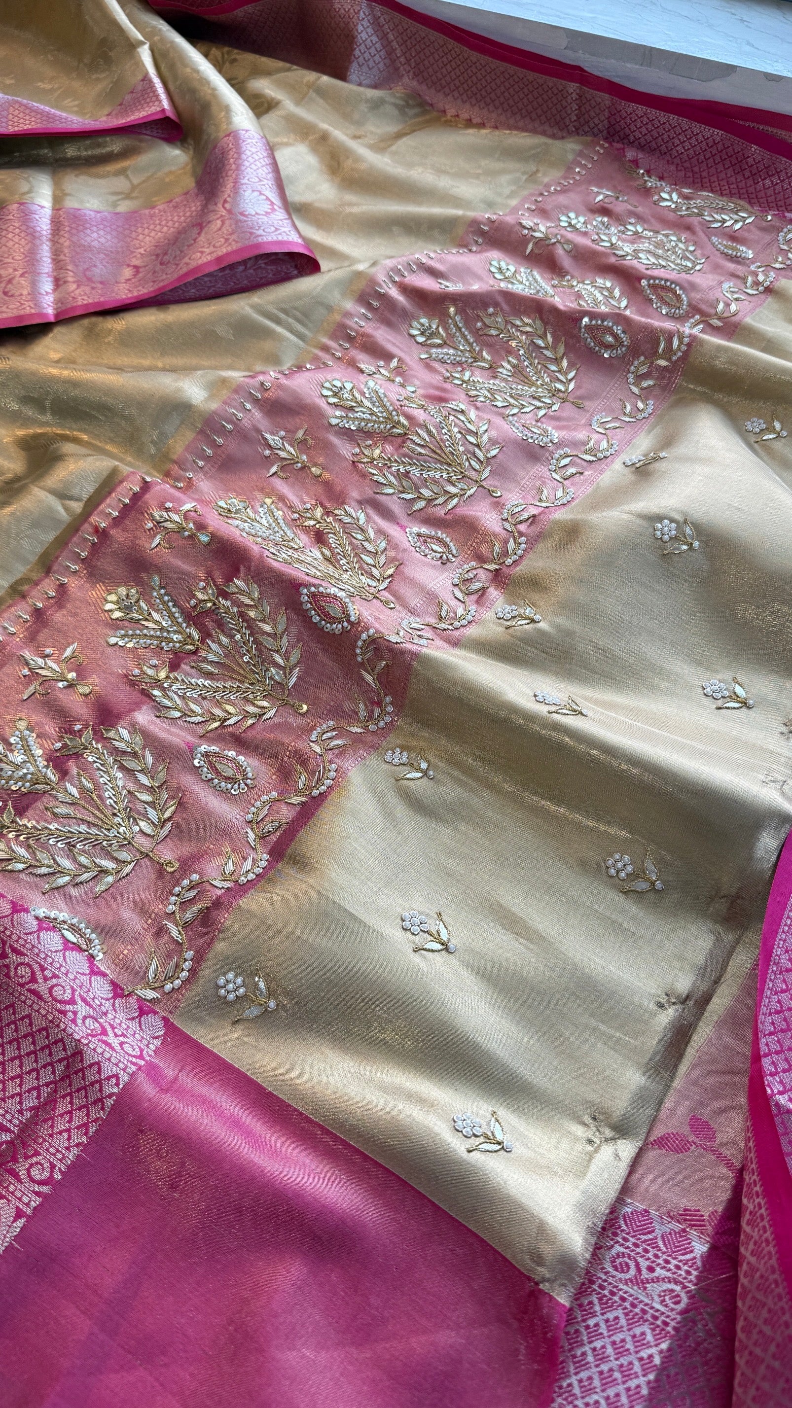 Gold and Pink Kanjivaram Banarasi Silk Zari Weaving Saree with Gota Patti and Zardozi Handwork, Designer Wedding & Festive Wear