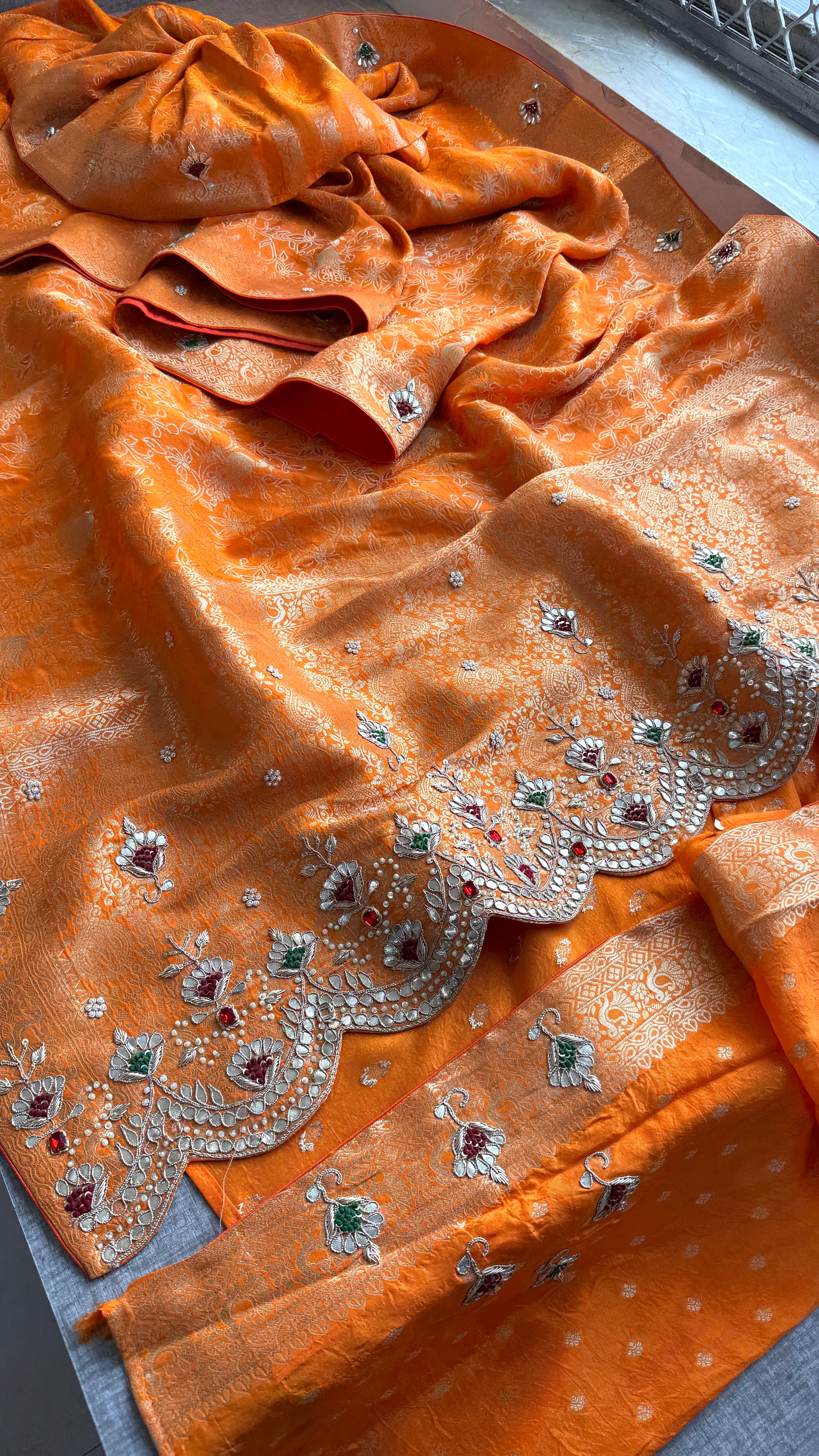 Vibrant Orange Banarasi Georgette Stone Work Saree