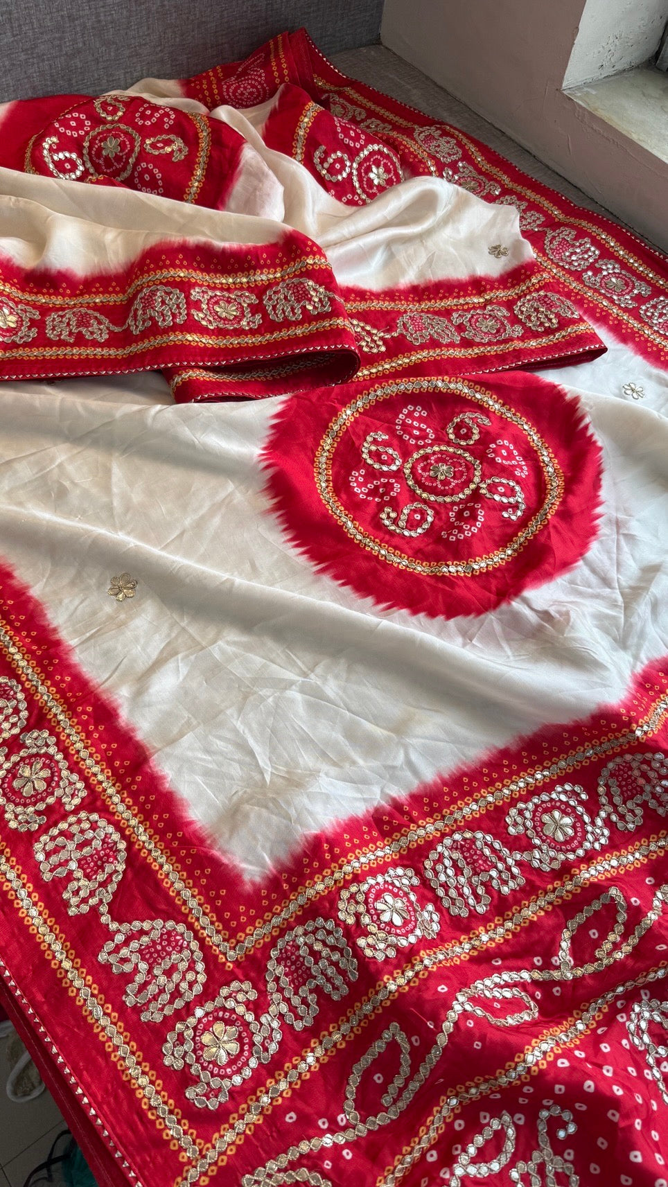 Pure Munga Silk Saree with Elephant Motifs & Gota Patti Work