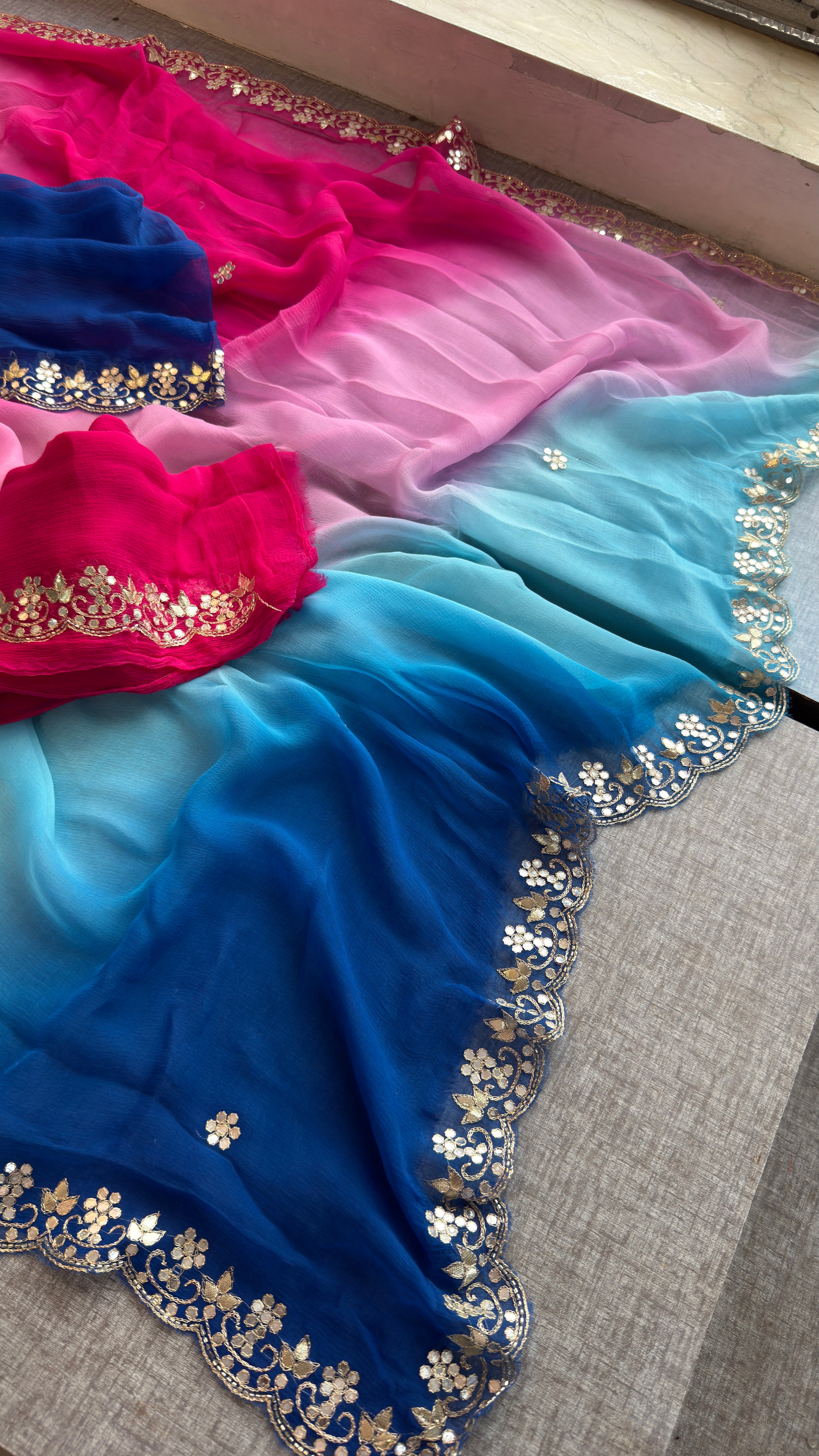 Ombre Chiffon Saree with Delicate handwork Border