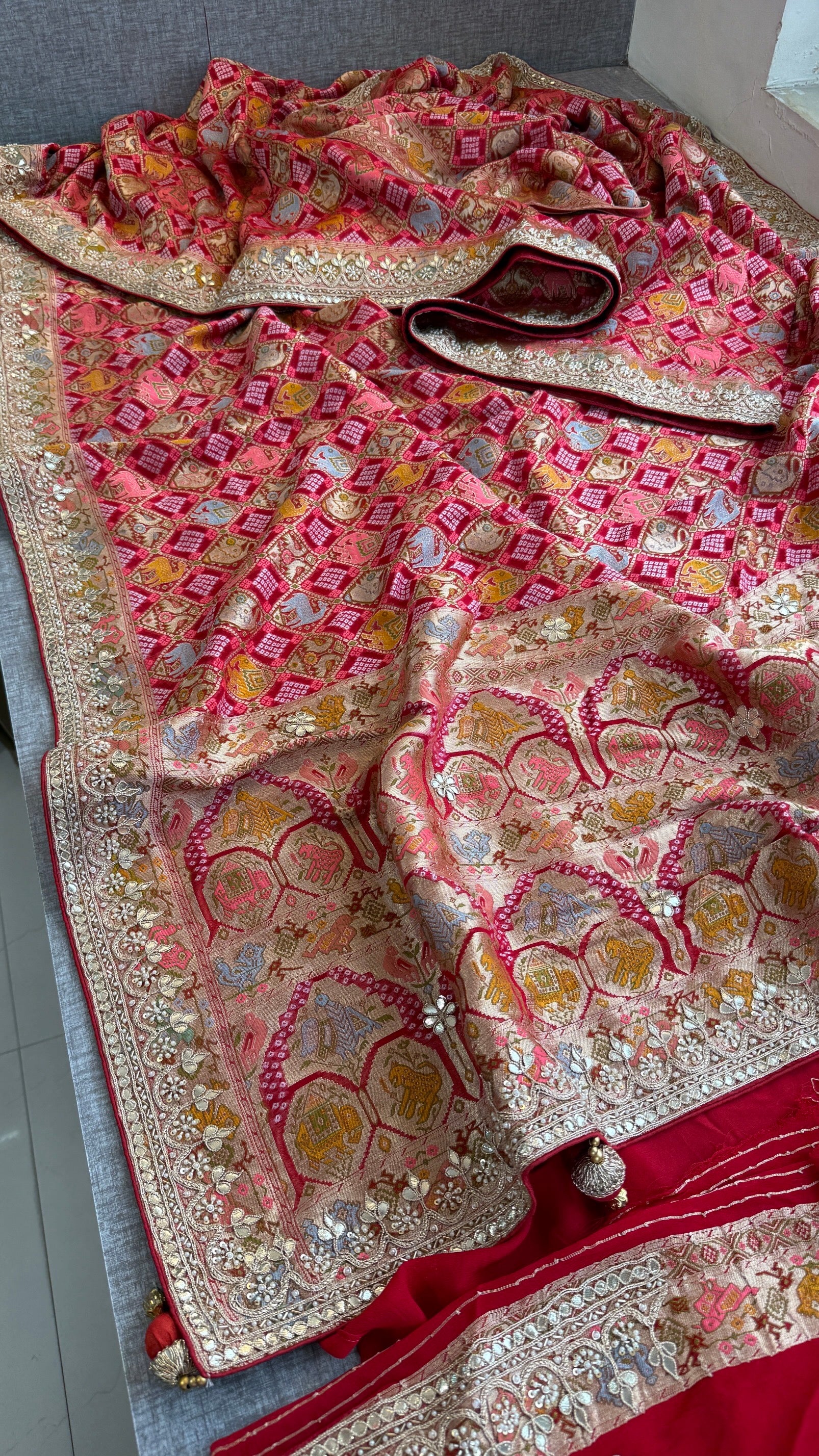 Khaddi georgette Banarasi weaving Saree with gotapatti work and tussles over pallu