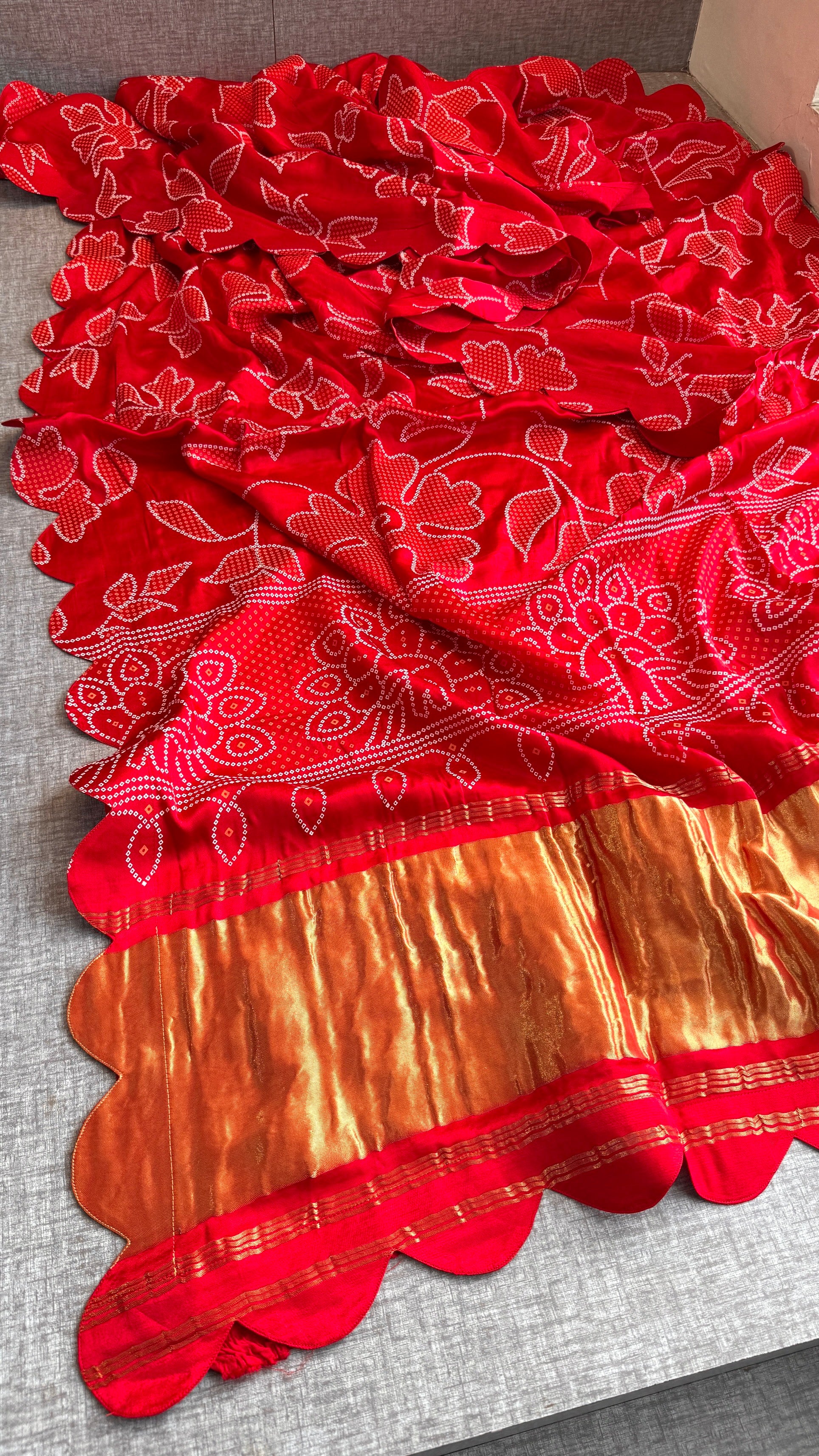 Pure Gajji Silk Bandhej Print Saree with Scallop Border – Orange Designer Bandhani Silk Saree
