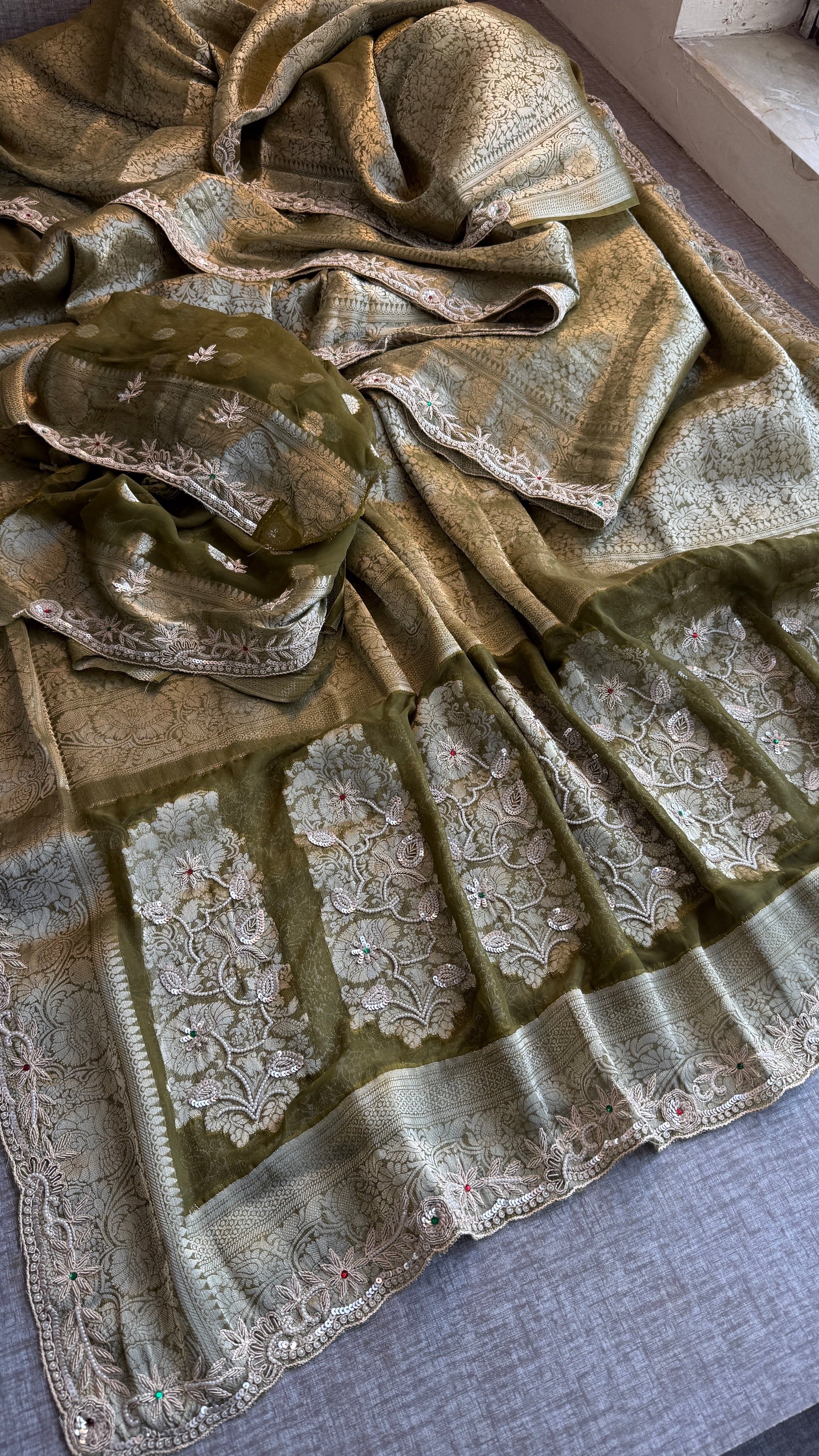 Wedding Wear Banarasi Khaddi Georgette Saree with Pearl Sequin Gotapatti Work