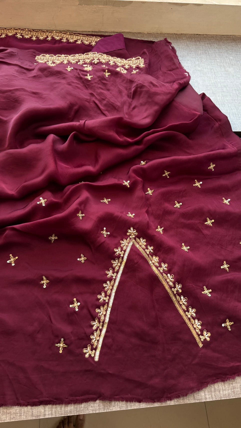 Bridal Pure Soft Organza Satin Saree with Zardozi, Sequins, Kutdana & Pearl Handwork