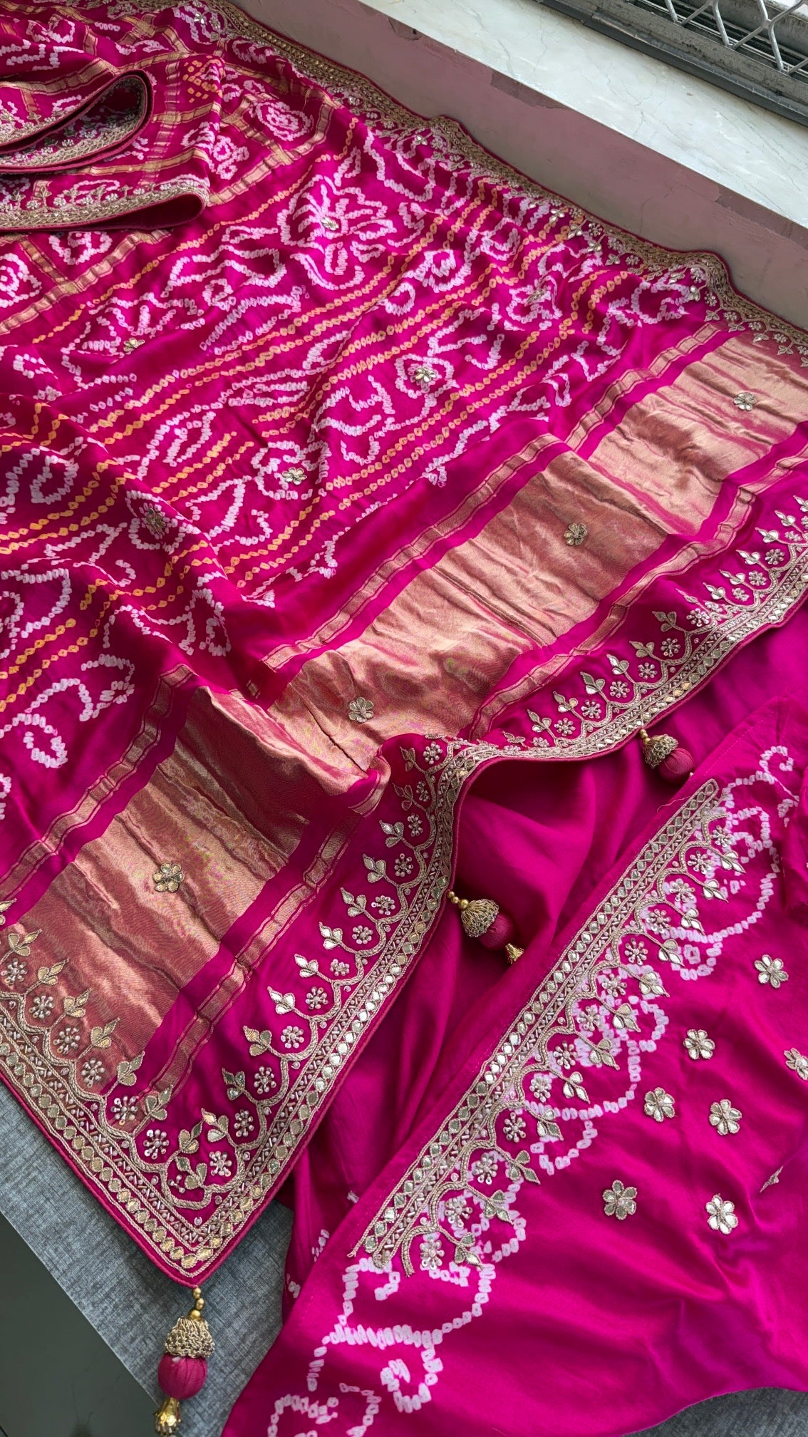 Pure Gajji Silk Bandhani Saree with Banana Wave Print & Handcrafted Gotapatti Aari Work