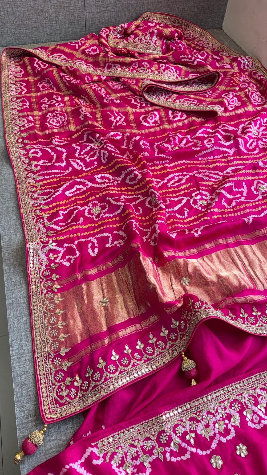 Pure Gajji Silk Bandhani Saree with Banana Wave Print & Handcrafted Gotapatti Aari Work