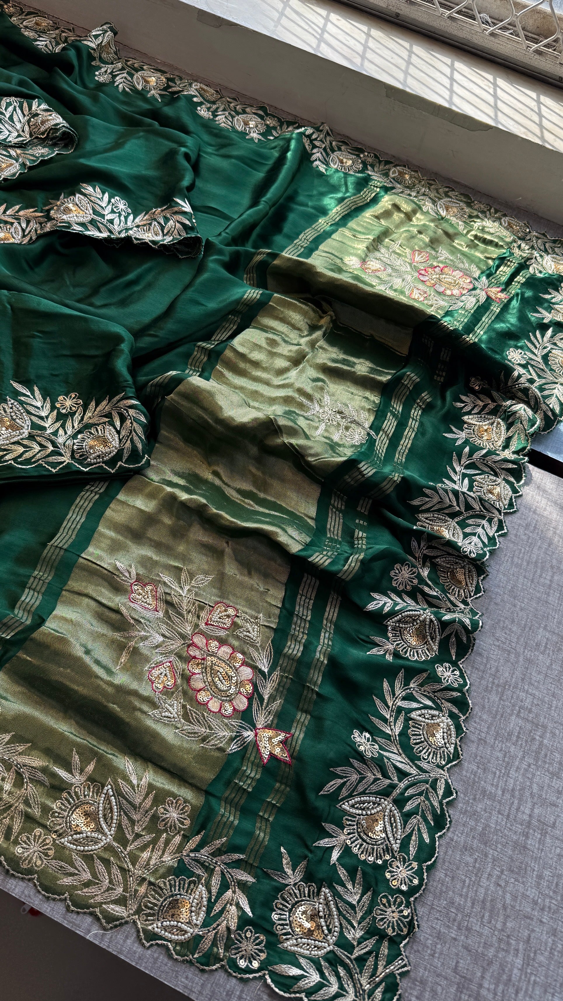 Designer Green Pure Gajji Silk Saree with Aari, Cutdana, and Gota Patti Handwork with Blouse