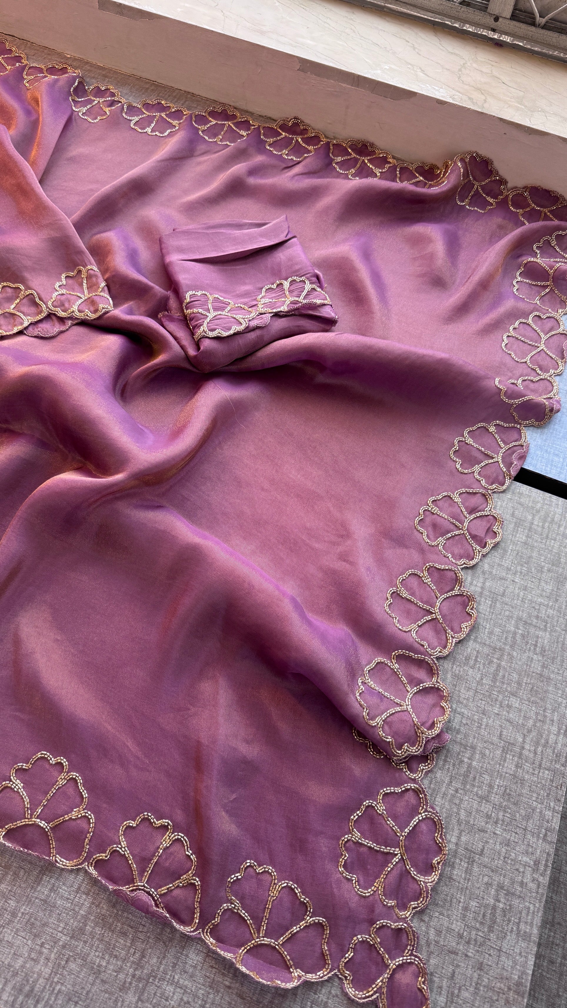 Pure Cosmo Silk Saree with Hand Kutdana Work & Designer Scallop Border – Luxury Party Wear Silk Saree