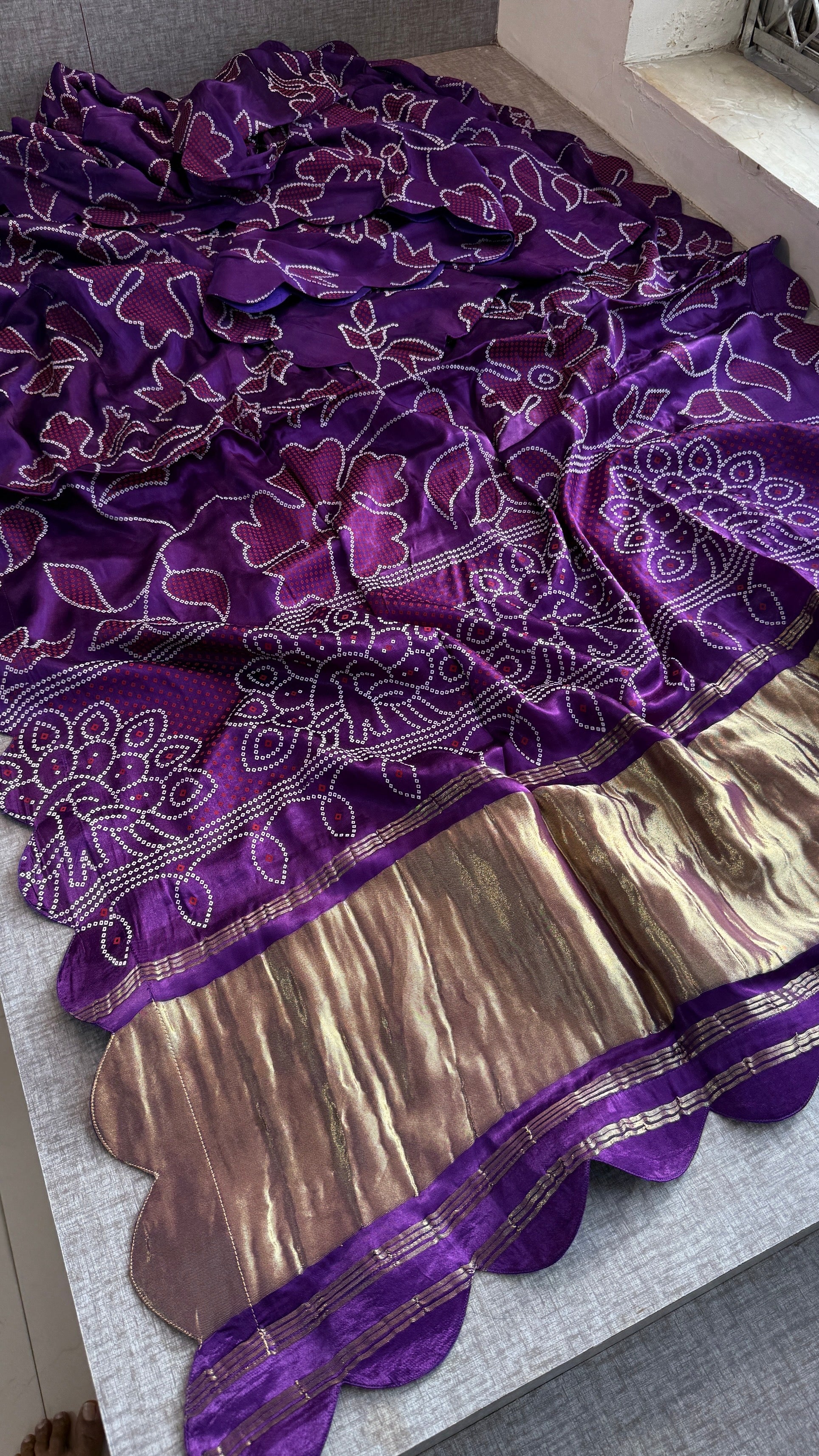 Pure Gajji Silk Bandhej Print Saree with Scallop Border – Orange Designer Bandhani Silk Saree