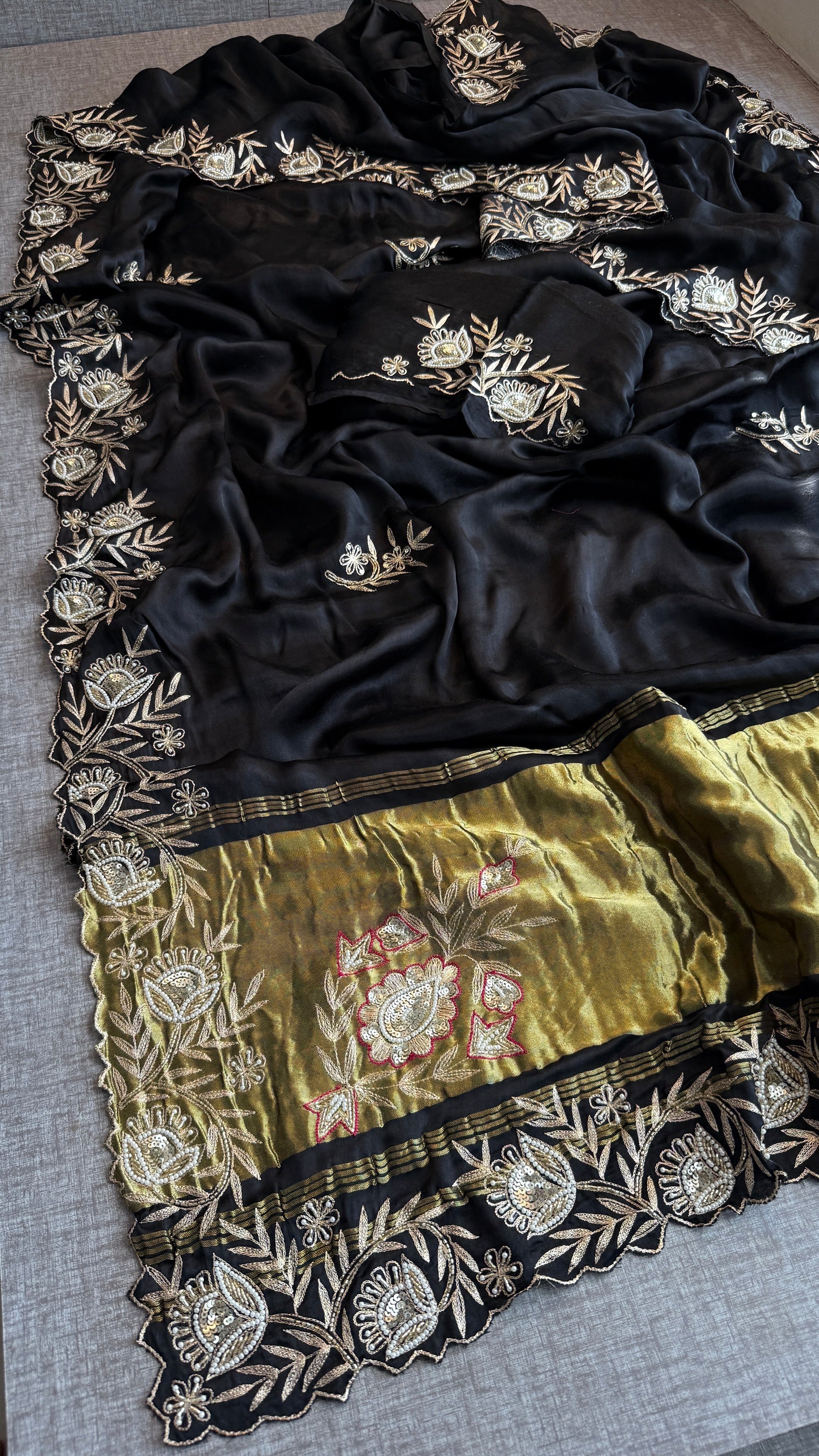 Designer Black Pure Gajji Silk Saree with Aari, Cutdana, and Gota Patti Handwork with Blouse