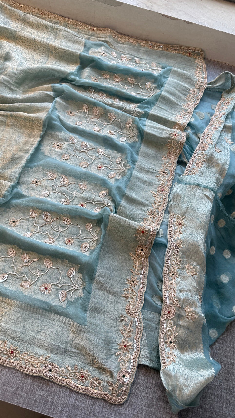 Wedding Wear Banarasi Khaddi Georgette Saree with Pearl Sequin Gotapatti Work