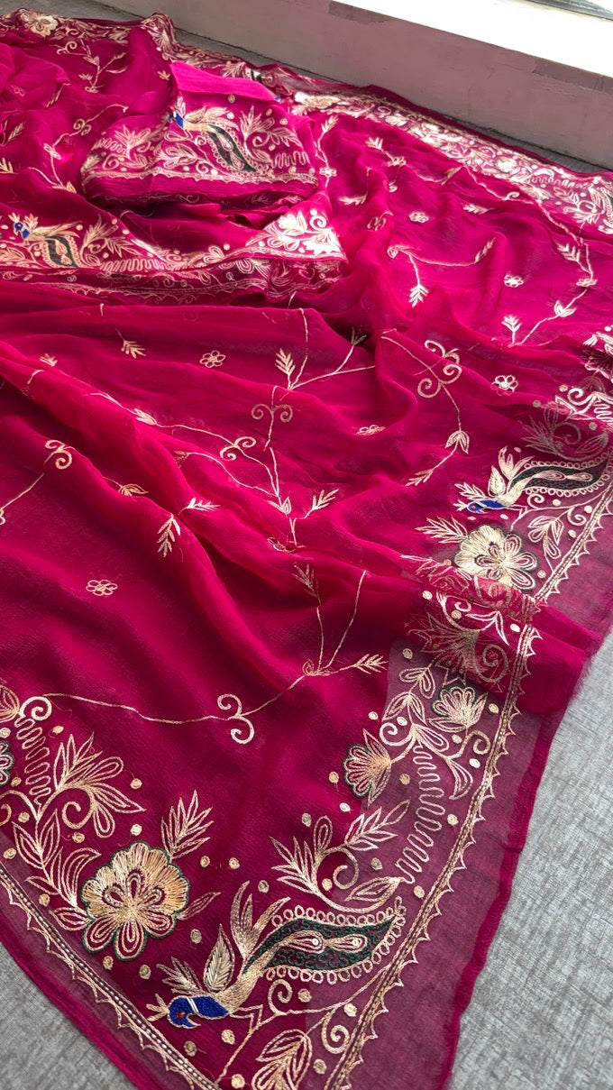 Handcrafted Chiffon Saree with Aari Pittan Peacock Work