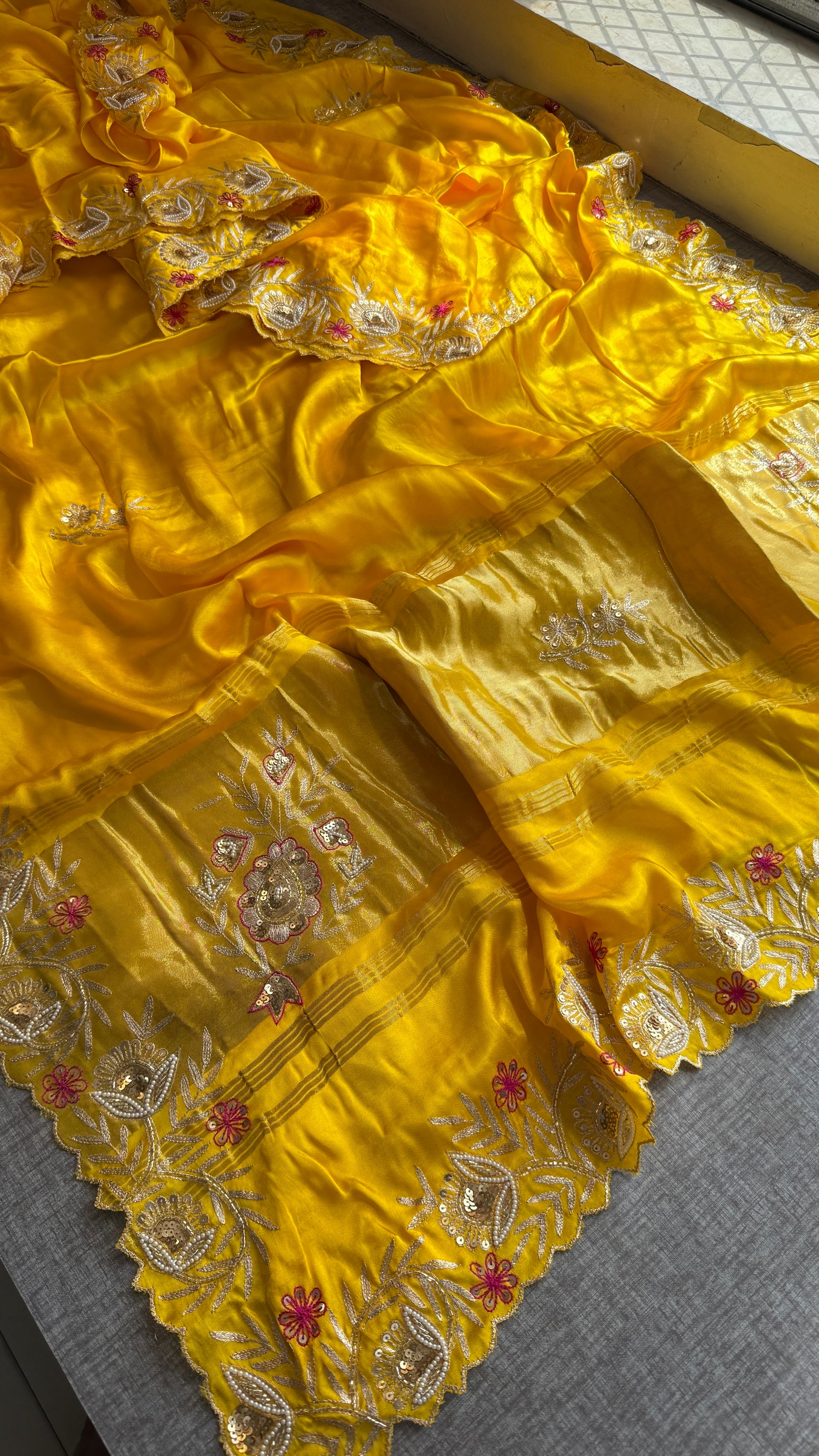 Designer Yellow Pure Gajji Silk Saree with Aari, Cutdana, and Gota Patti Handwork with Blouse