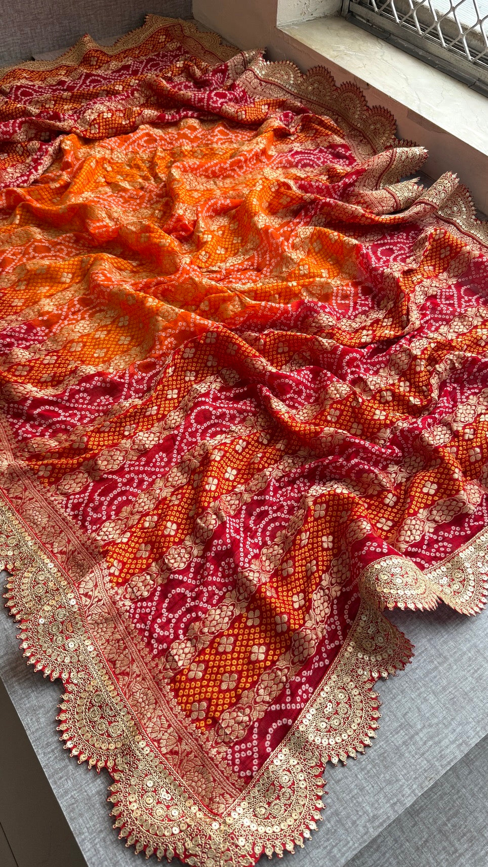 Handloom Khaddi Georgette Bandhej Dupatta with Banarasi Weaving and Scallop Border