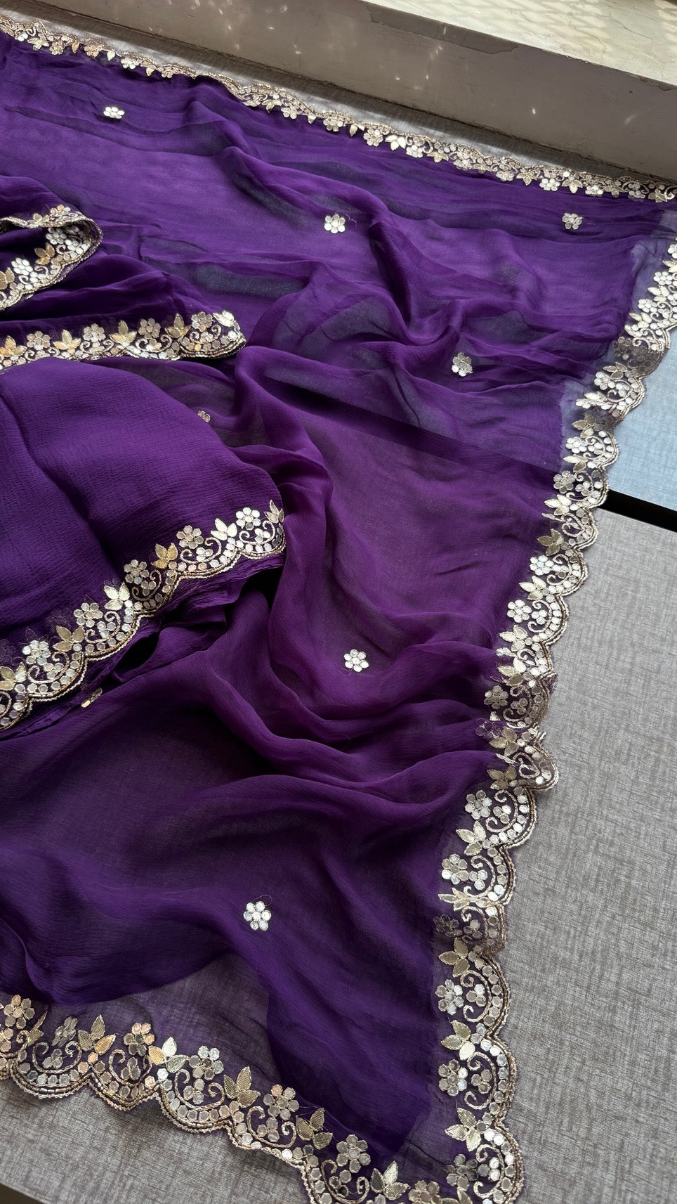 Soft Chiffon Saree Adorned with Elegant Kasab & Gota Patti Handwork