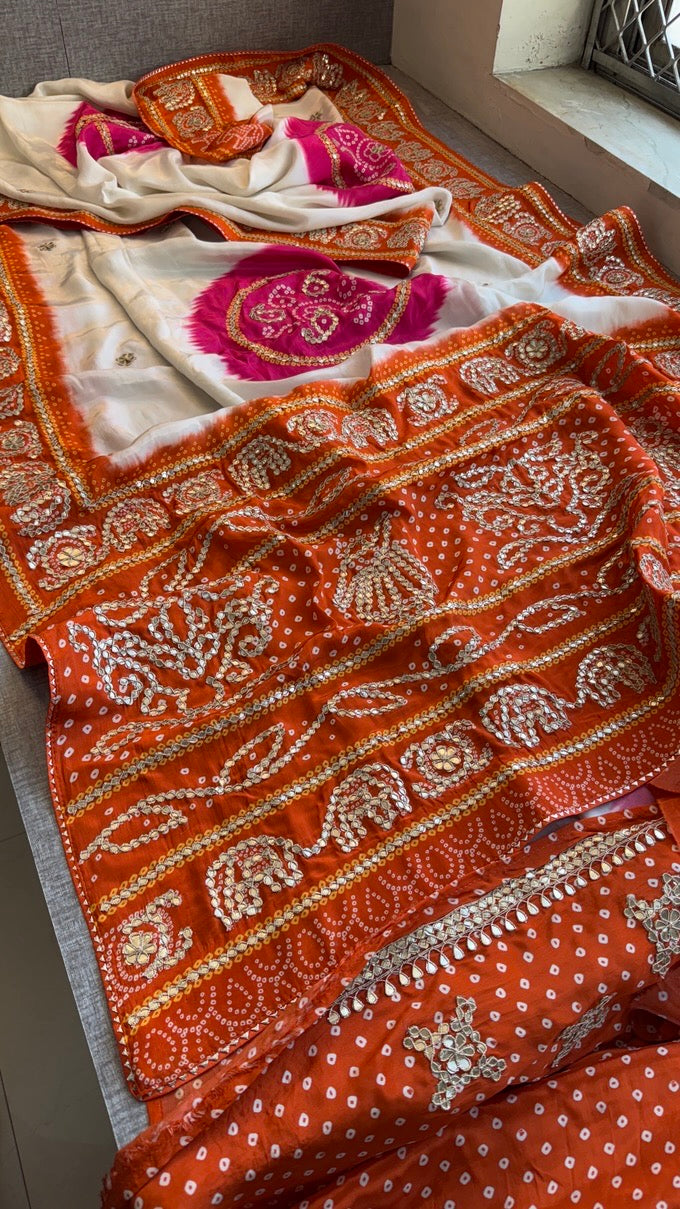 Pure Munga Silk Saree with Elephant Motifs & Gota Patti Work