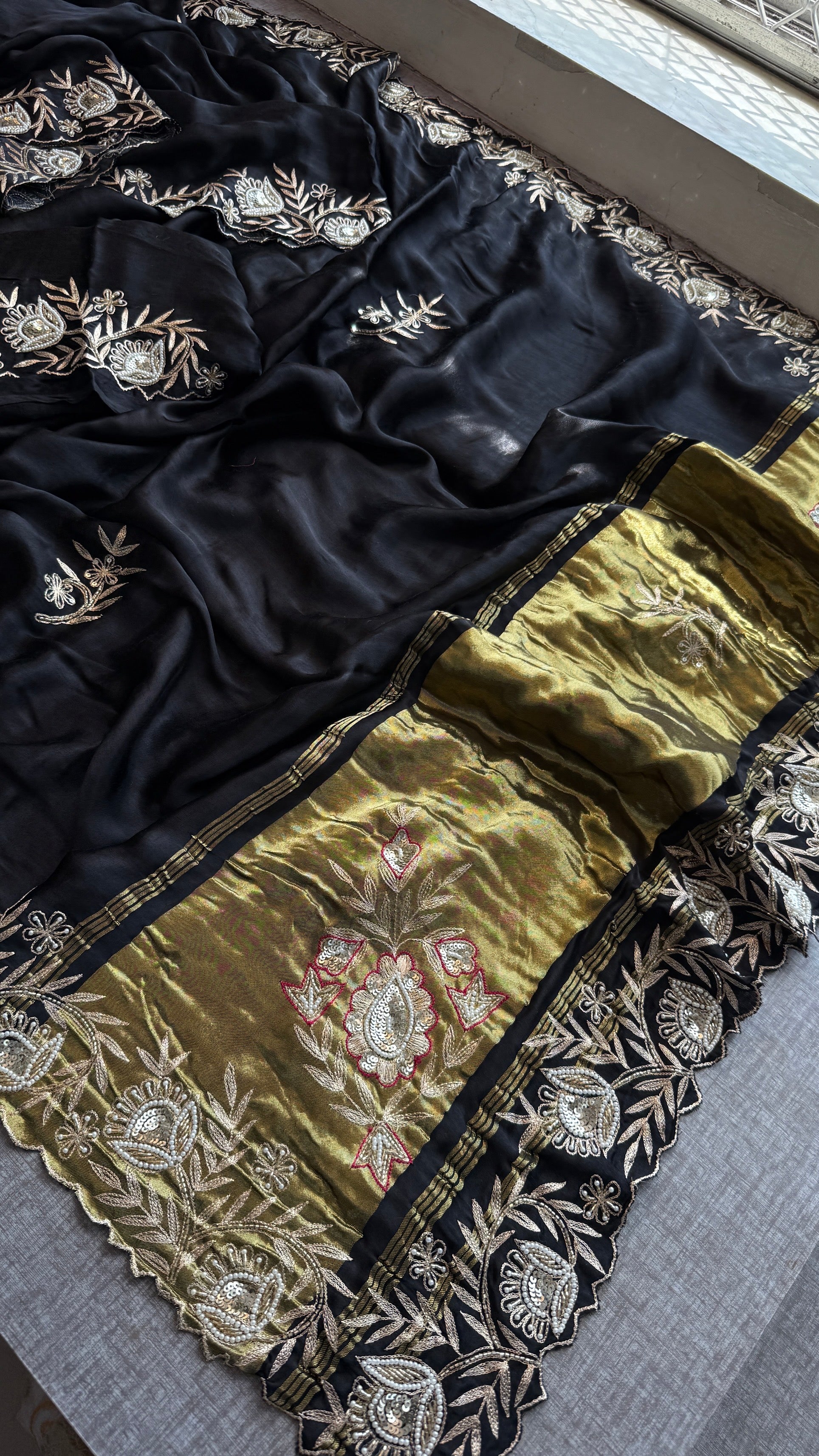 Designer Black Pure Gajji Silk Saree with Aari, Cutdana, and Gota Patti Handwork with Blouse