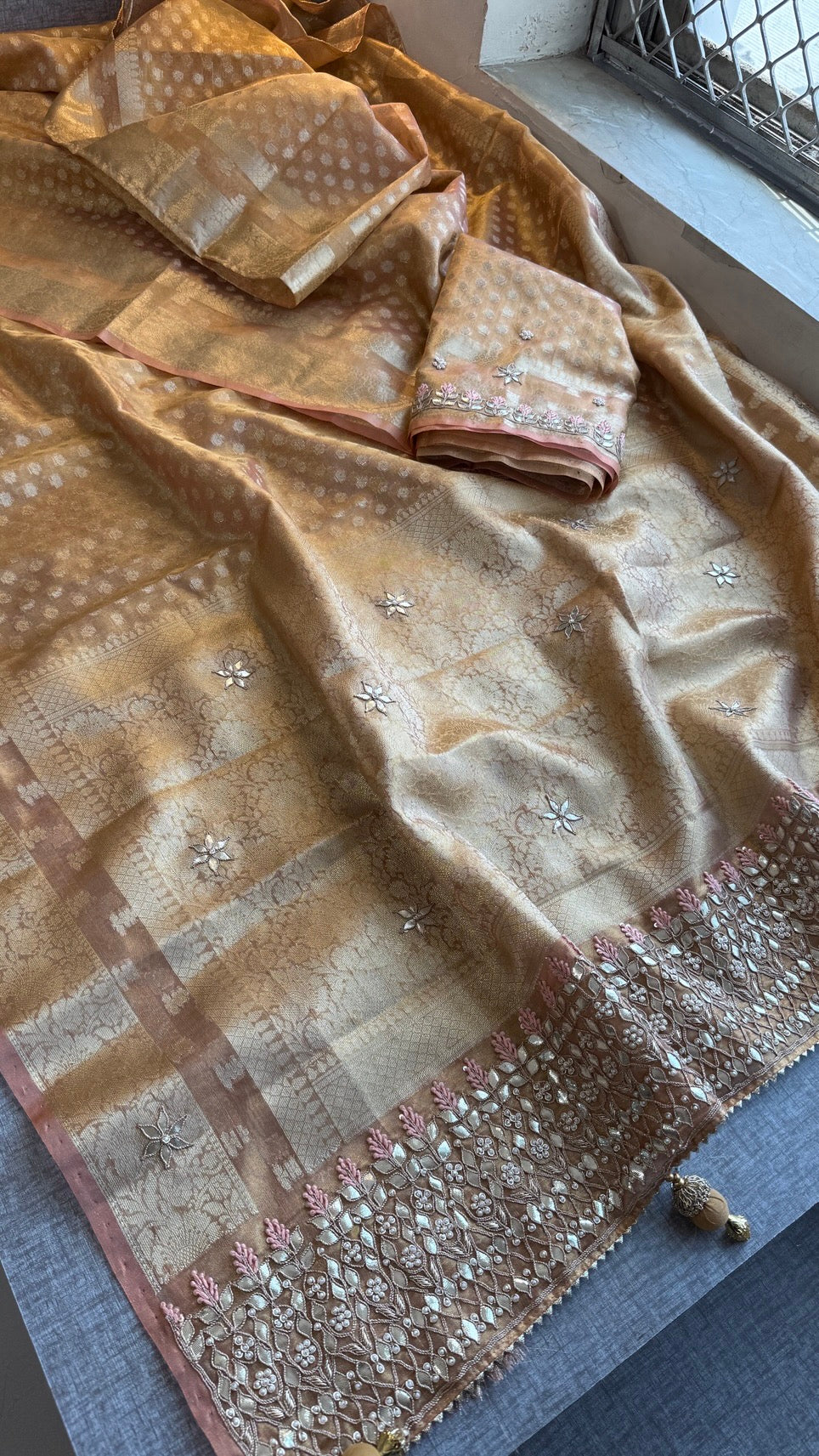 100% Soft Tissue Silk Banarasi Weaving Saree with Gotapatti, Zardozi, Pearl & Sequin Work
