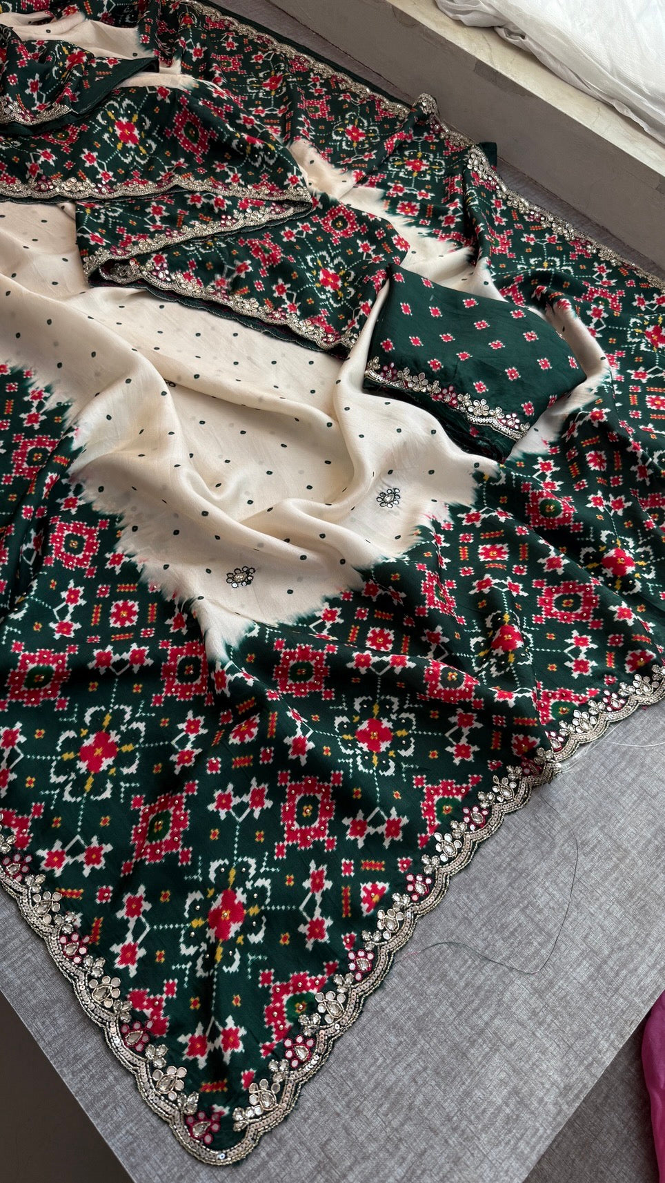 Soft Munga Silk Digital Print Saree with Zardozi, Kutdana, Pearl, Sequins & Stone Work with Designer Blouse