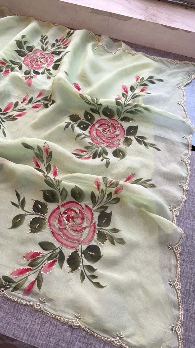 Pure Soft Organza Hand-Painted Saree,