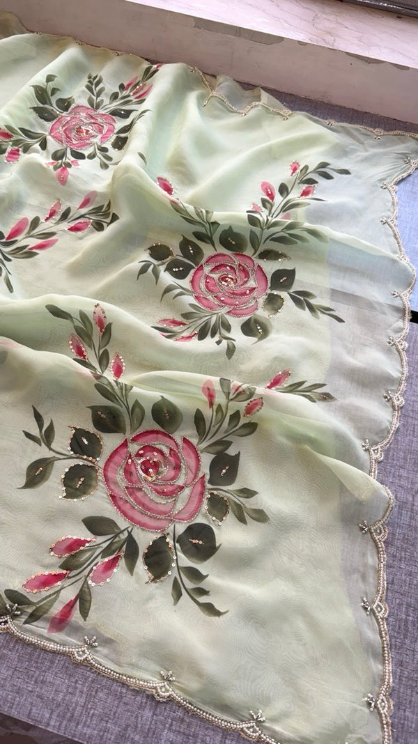 Pure Soft Organza Hand-Painted Saree,