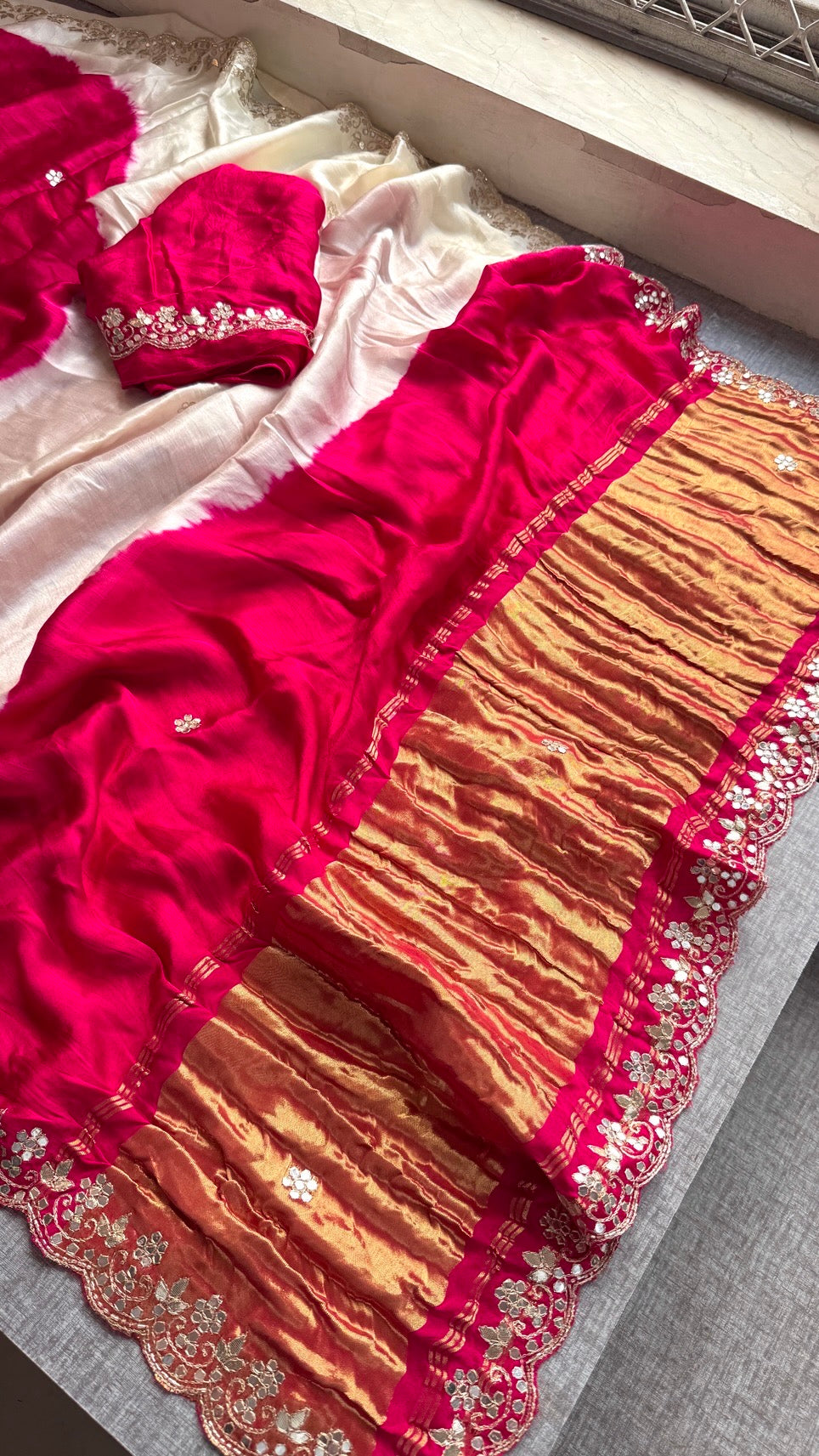 Handmade Off White and Pink Gajji Silk Saree with Gota Patti Work and Scalloped Border | Wedding & Festive Wear Indian Sari