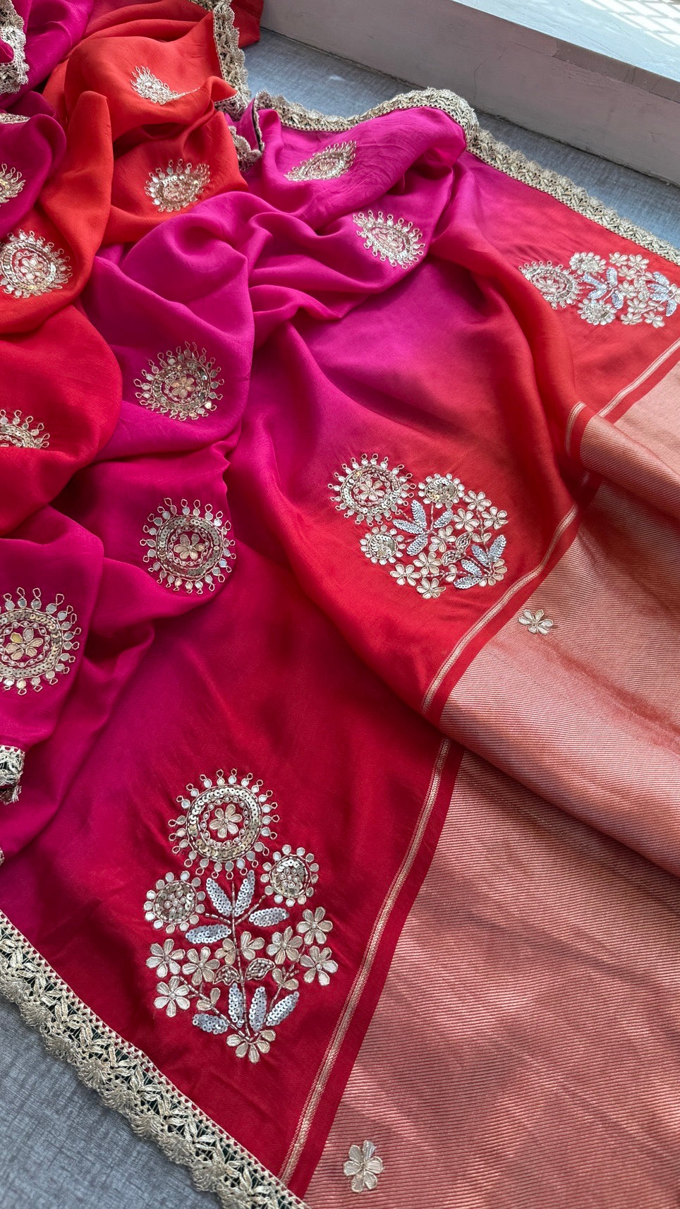 Pure Munga Silk Lakdi Patta Banarasi Saree with Gotapatti, Zardozi & Pearl Work
