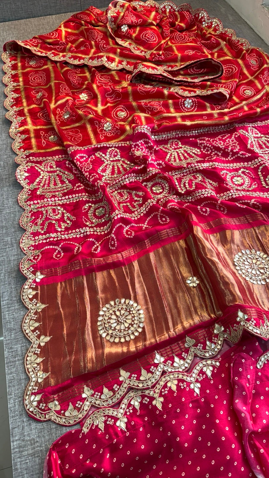 Soft Gajji Silk Lakdi Patta Digital Print Saree with Gotapatti, Zardozi, Sequins & Pearl Work Blouse