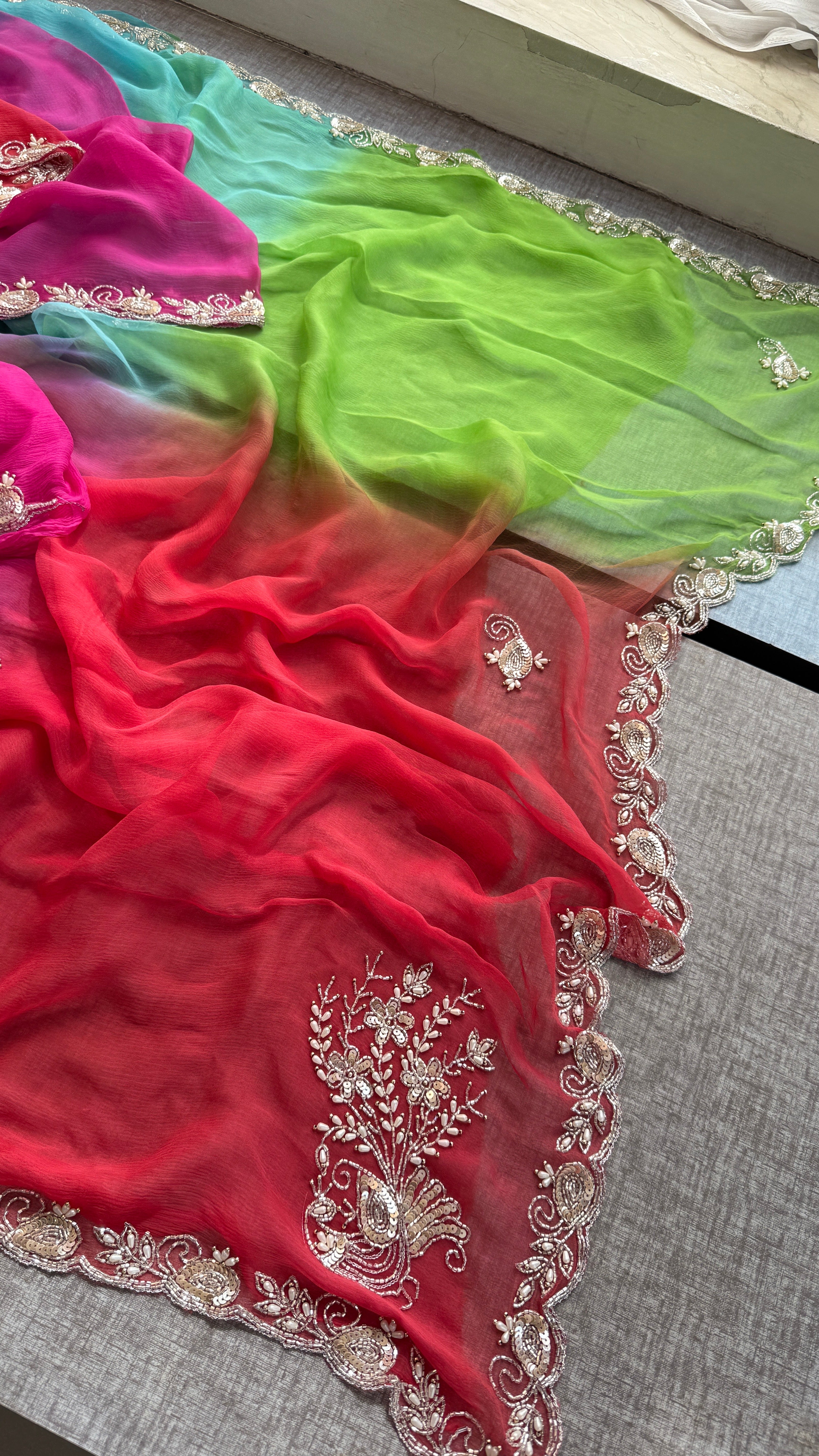 Multi Shade Summer Chiffon Saree with Cutdana, Moti & Sequins Work