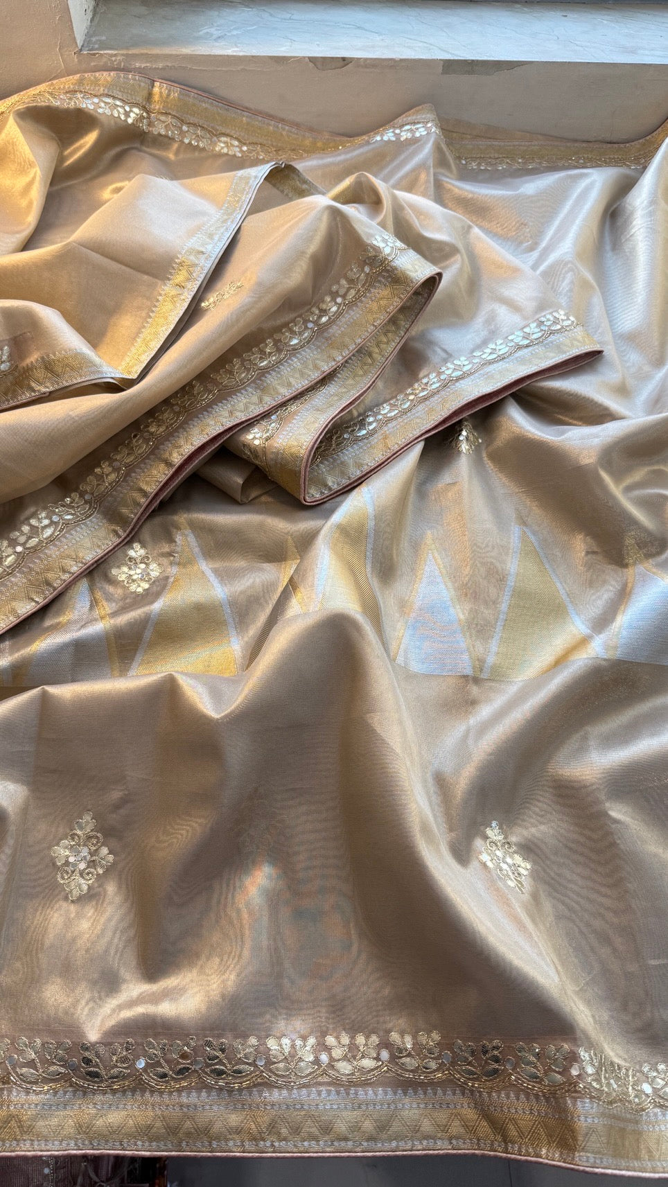 Pure Soft Tissue Silk Banarasi Weaving Saree with Gotapatti & Kutdana Handwork