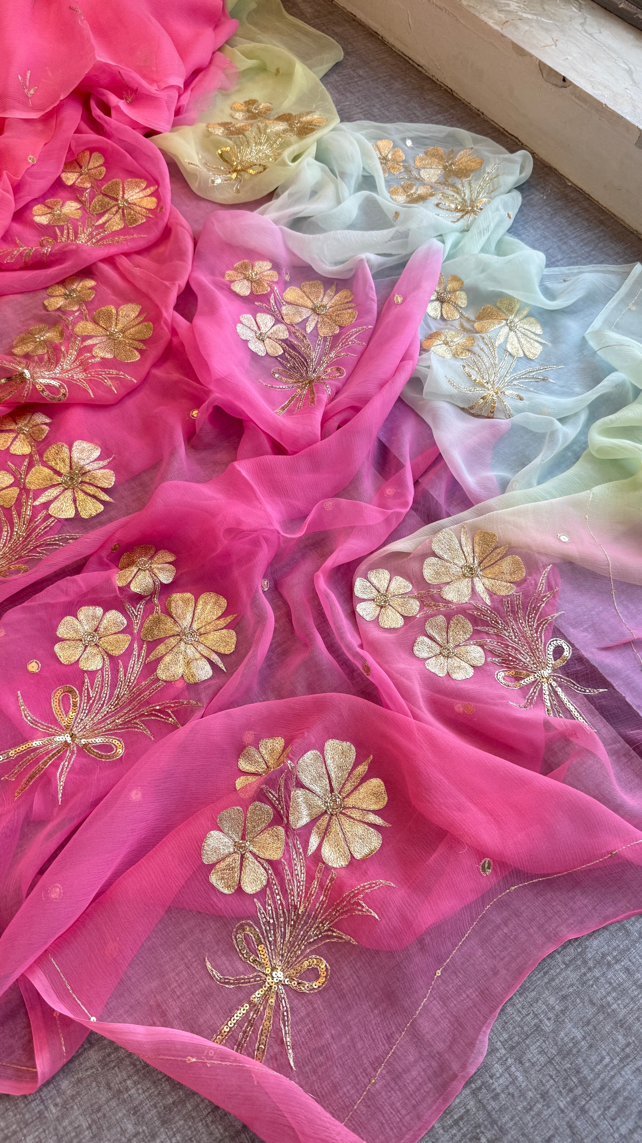 Pure Chiffon Embroidered Saree with Matching Blouse
