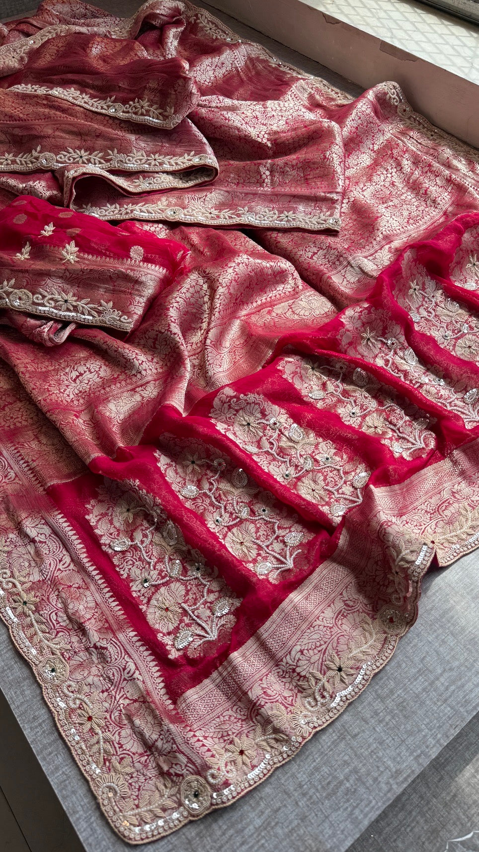 Wedding Wear Banarasi Khaddi Georgette Saree with Pearl Sequin Gotapatti Work