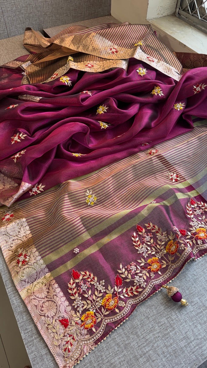 Luxury Tissue Silk Saree with Heavy Handwork Border & Designer Blouse