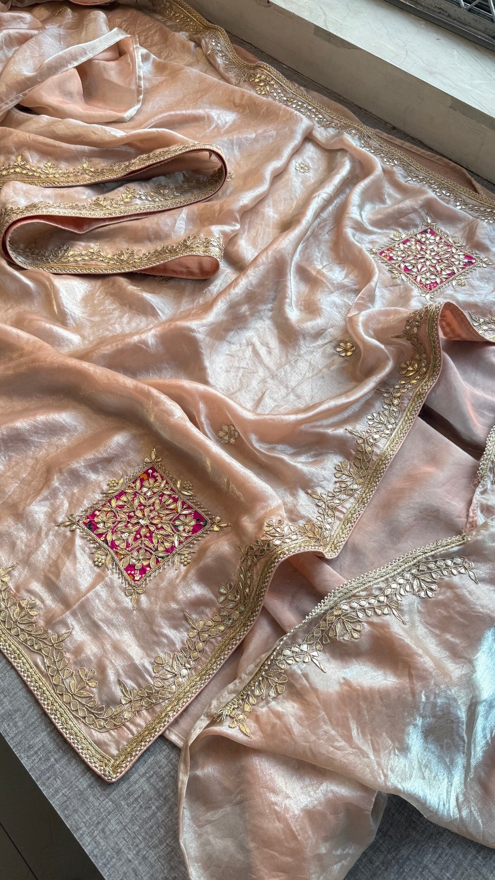Pure Soft Crepe Silk Saree with Gota Patti, Zardozi, Pearl & Kutdana Handwork