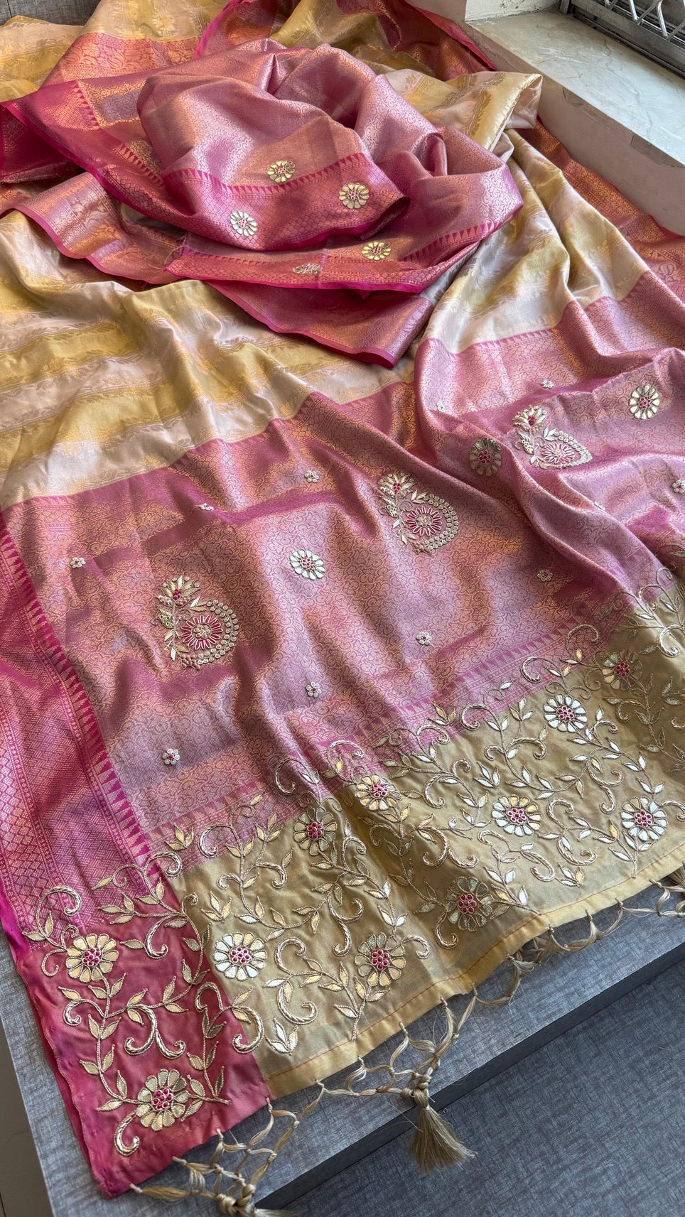 Pure Soft Tissue Silk Saree with Heavy Pallid Brocade & Banarasi Zari Border