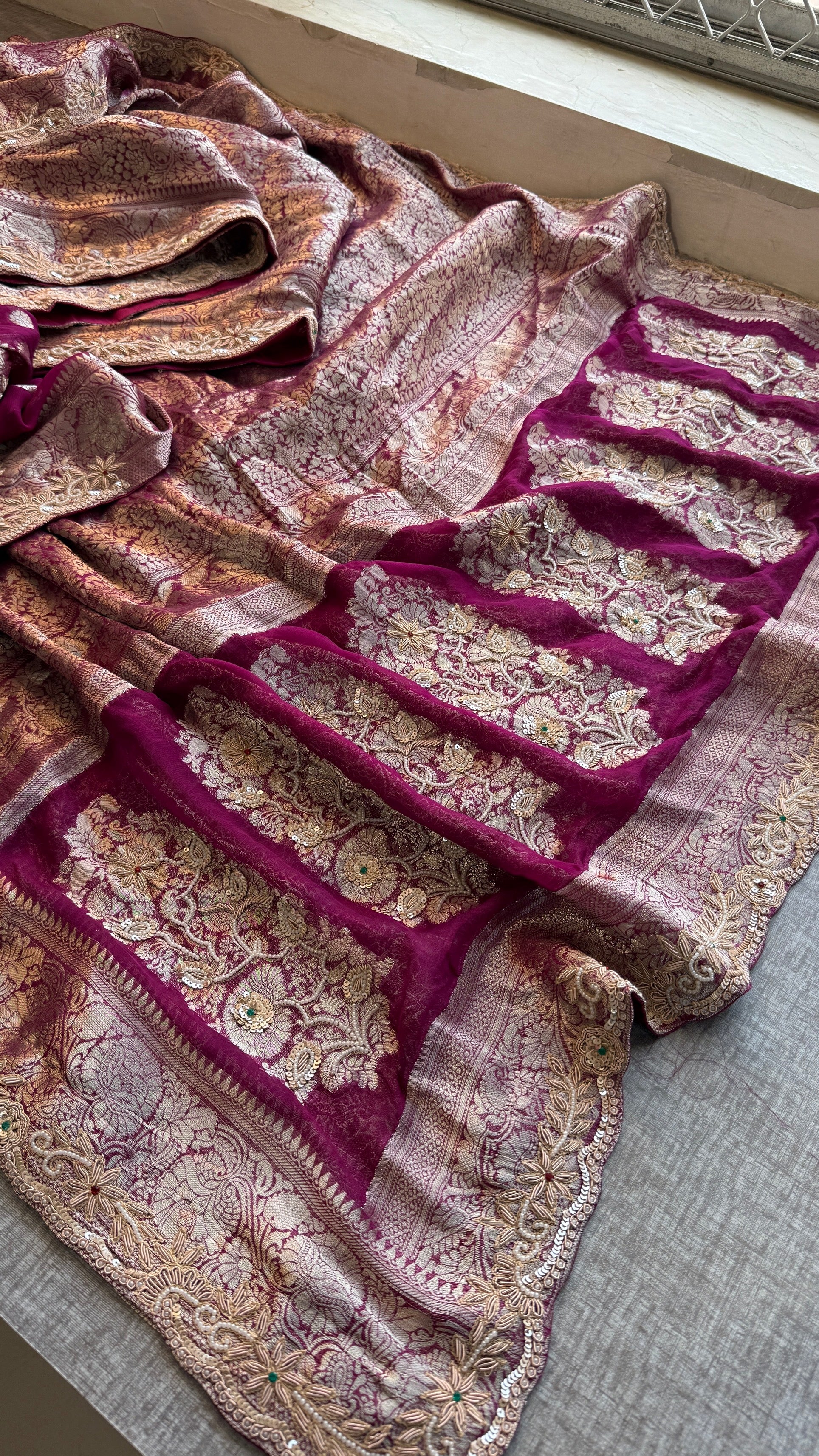Wedding Wear Banarasi Khaddi Georgette Saree with Pearl Sequin Gotapatti Work