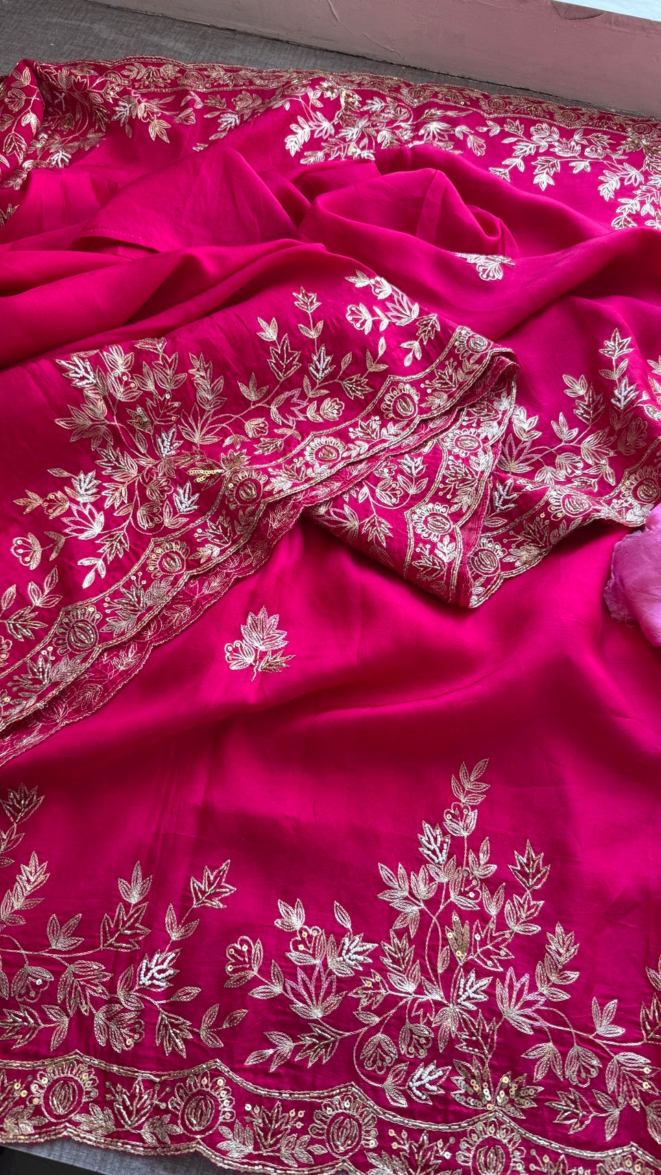 Designer Pure Munga Silk Saree with Floral Handwork & Embellished Border