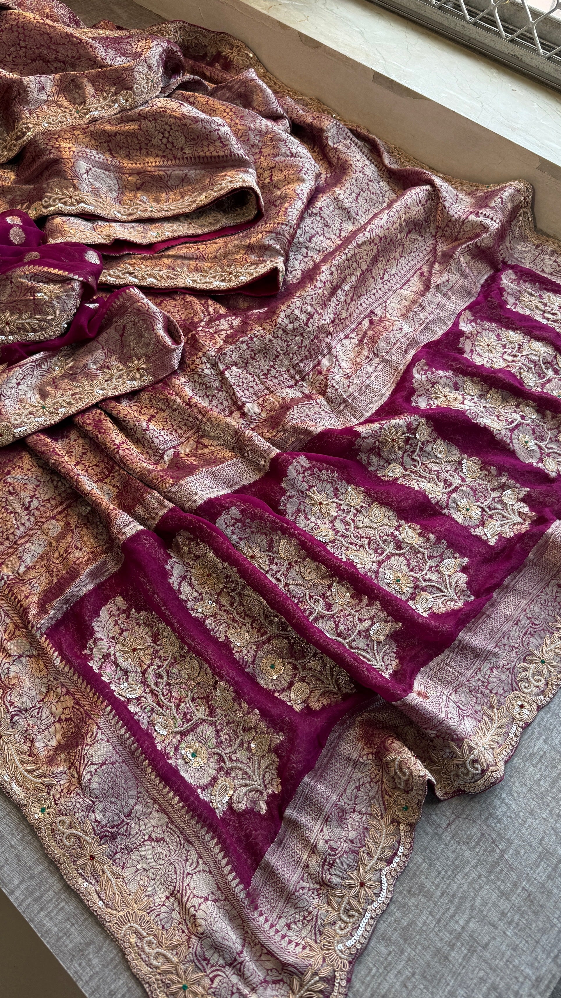 Wedding Wear Banarasi Khaddi Georgette Saree with Pearl Sequin Gotapatti Work