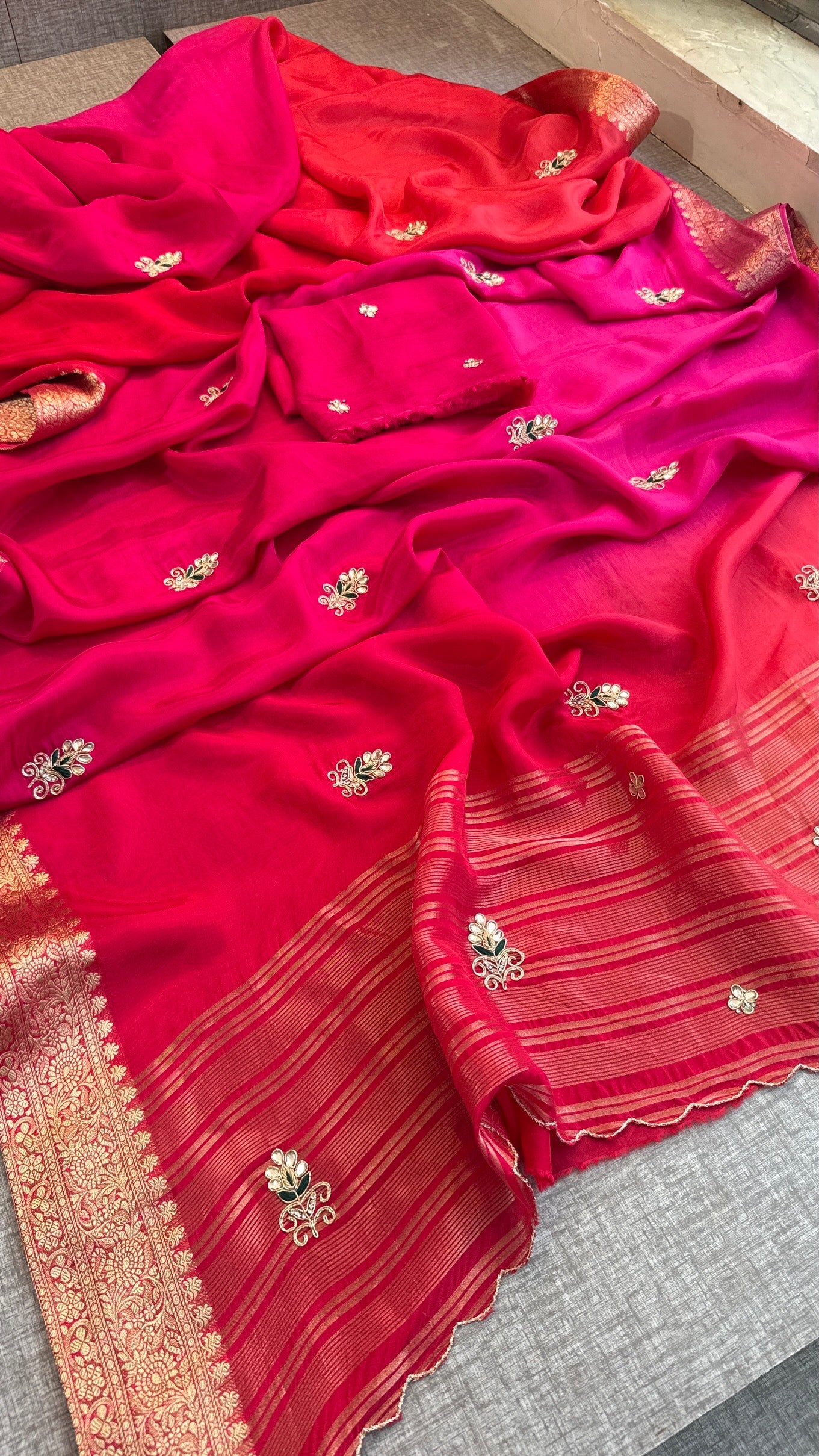 Stunning Dual-Tone Pink and Red Pure Silk Saree with Gota Patti Handwork and Banarasi Border